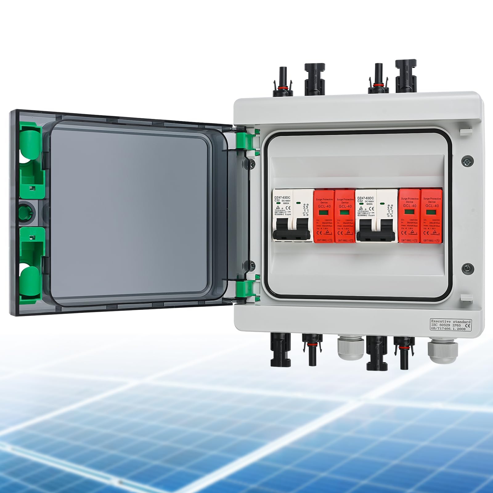 SROCHN Solar PV Combiner Box DC 32A 1000V Lightning Protection Circuit Breaker IP65 Waterproof 2 String 8 Module Solar PV Junction Box