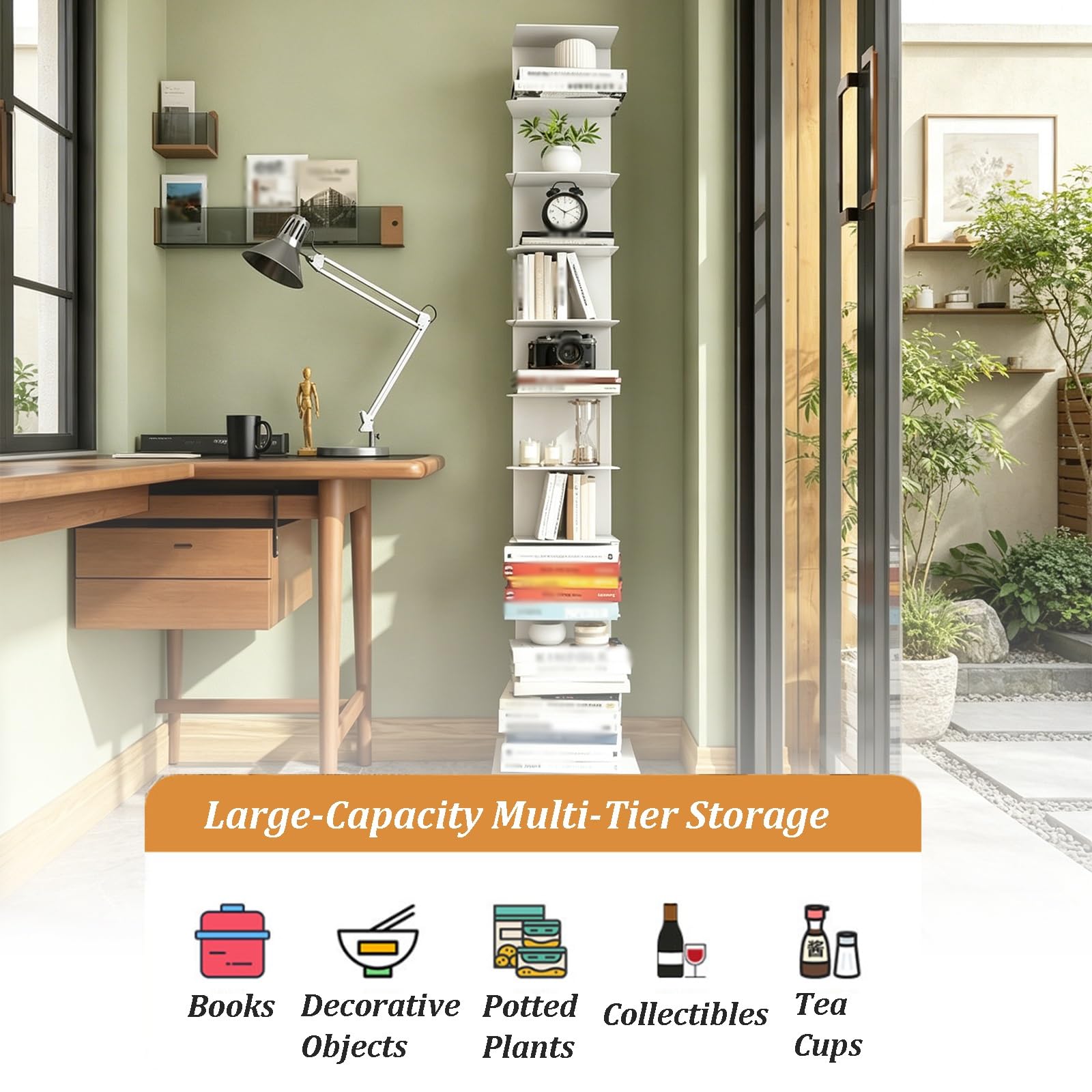 Vertikales Säulen-Bücherregal Mit Beschwertem Standfuß, An DREI Seiten Offenes Design, Freistehendes Metallregal Für Wohnzimmer, Esszimmer, Büro Und Arbeitszimmer(Orange,9-Tier)