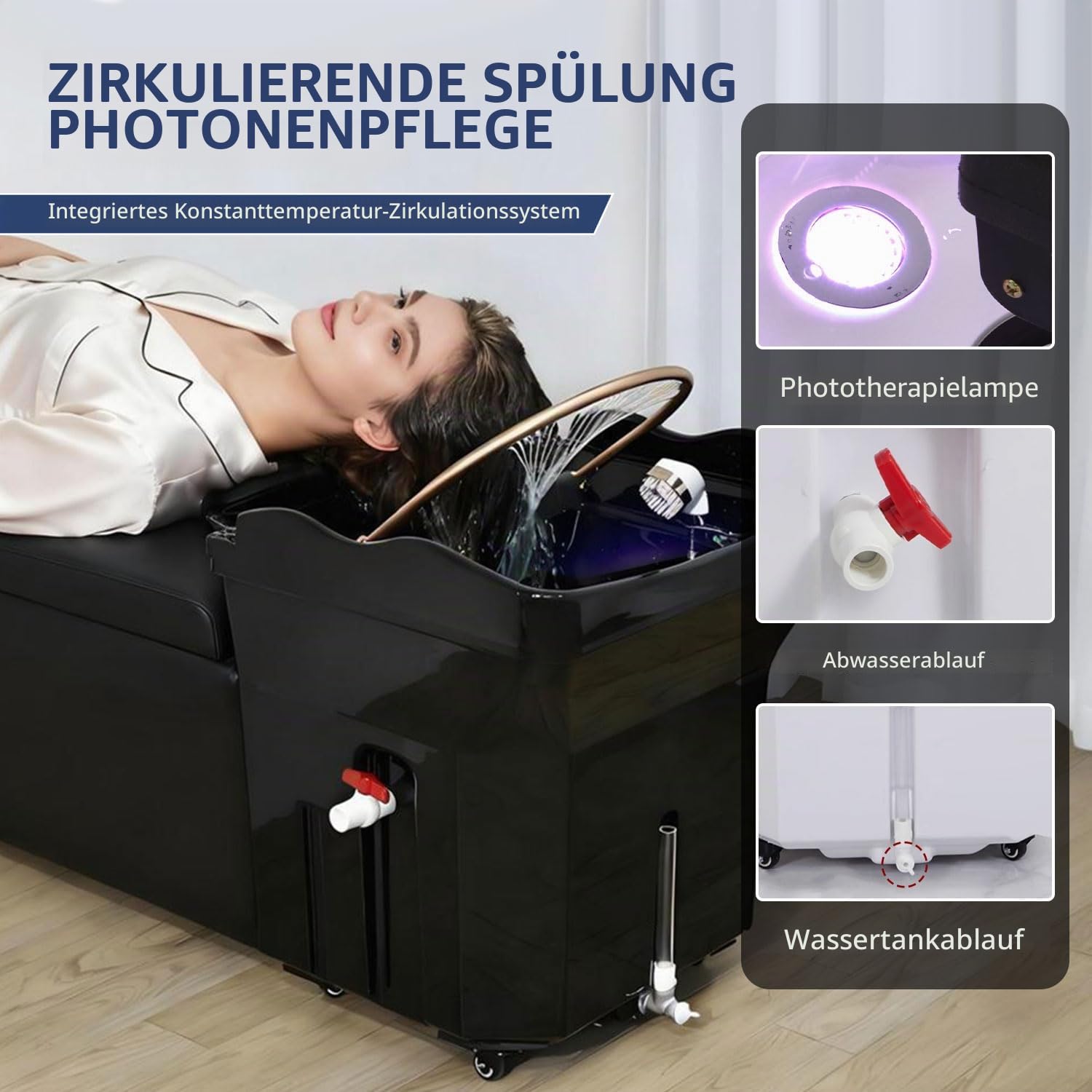 Head Spa Equipment Mobile Shampoo-Waschstation mit 60 L Wassertank, 4 Universalrollen, Massageliege, Dampfaufsatz Optiona (Black+Fumigator)