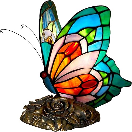 Lámpara de mesita de noche LED Tiffany azul de hadas mariposa mesita de noche lámparas de mesa de noche pantalla de vidrieras interruptor de