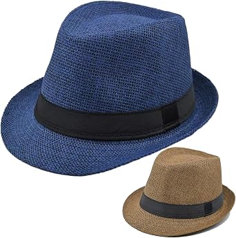 2 Pack Straw Fedora Hats for Men and Women, Short Brim Summer Beach hat, Trilby Panama Sun Hats.
