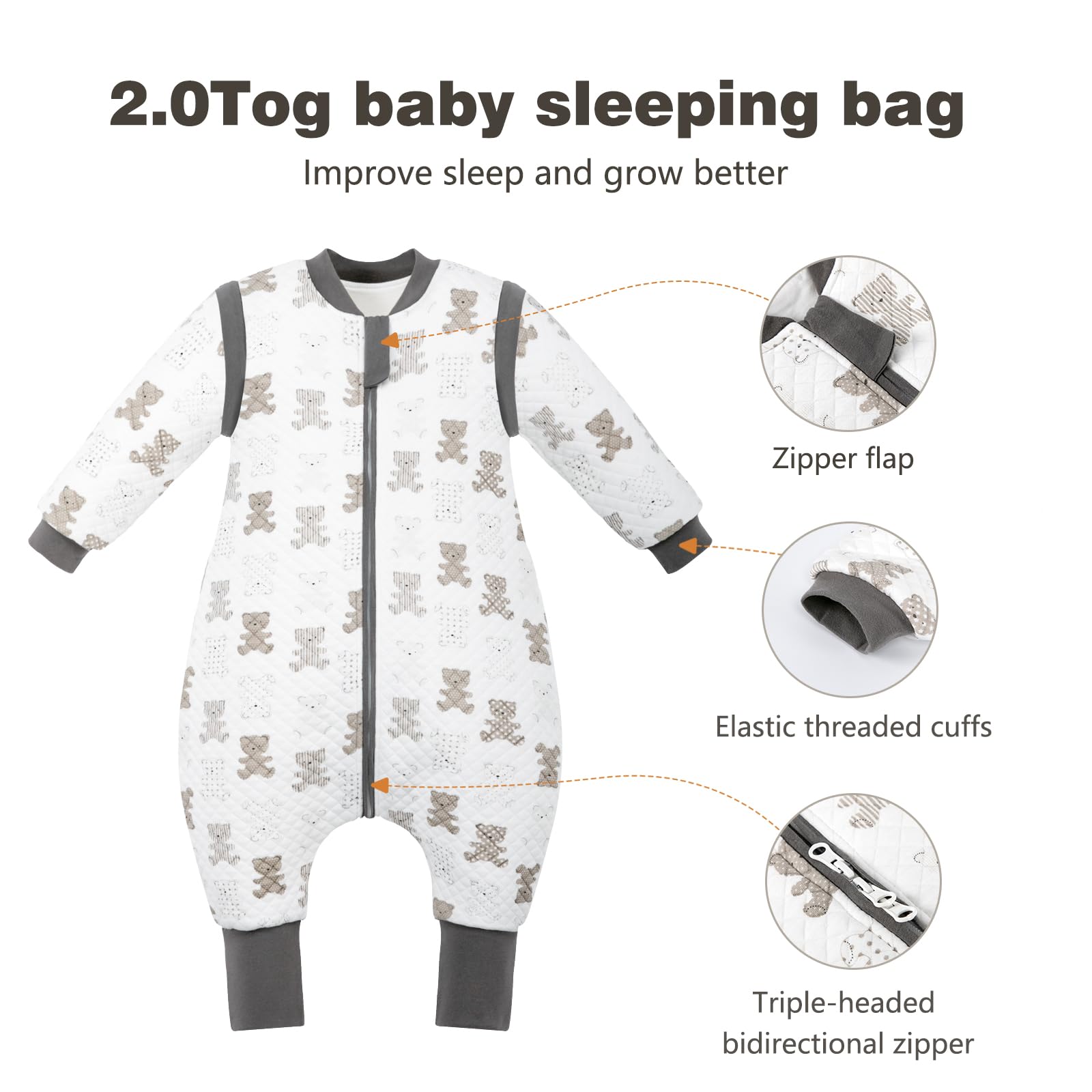 MIKAFEN Sacco nanna con piedi bambini 2.0 Tog, Sacco nanna in100% cotone, per tutto l'anno con maniche rimovibili, Orso 3-4 anni