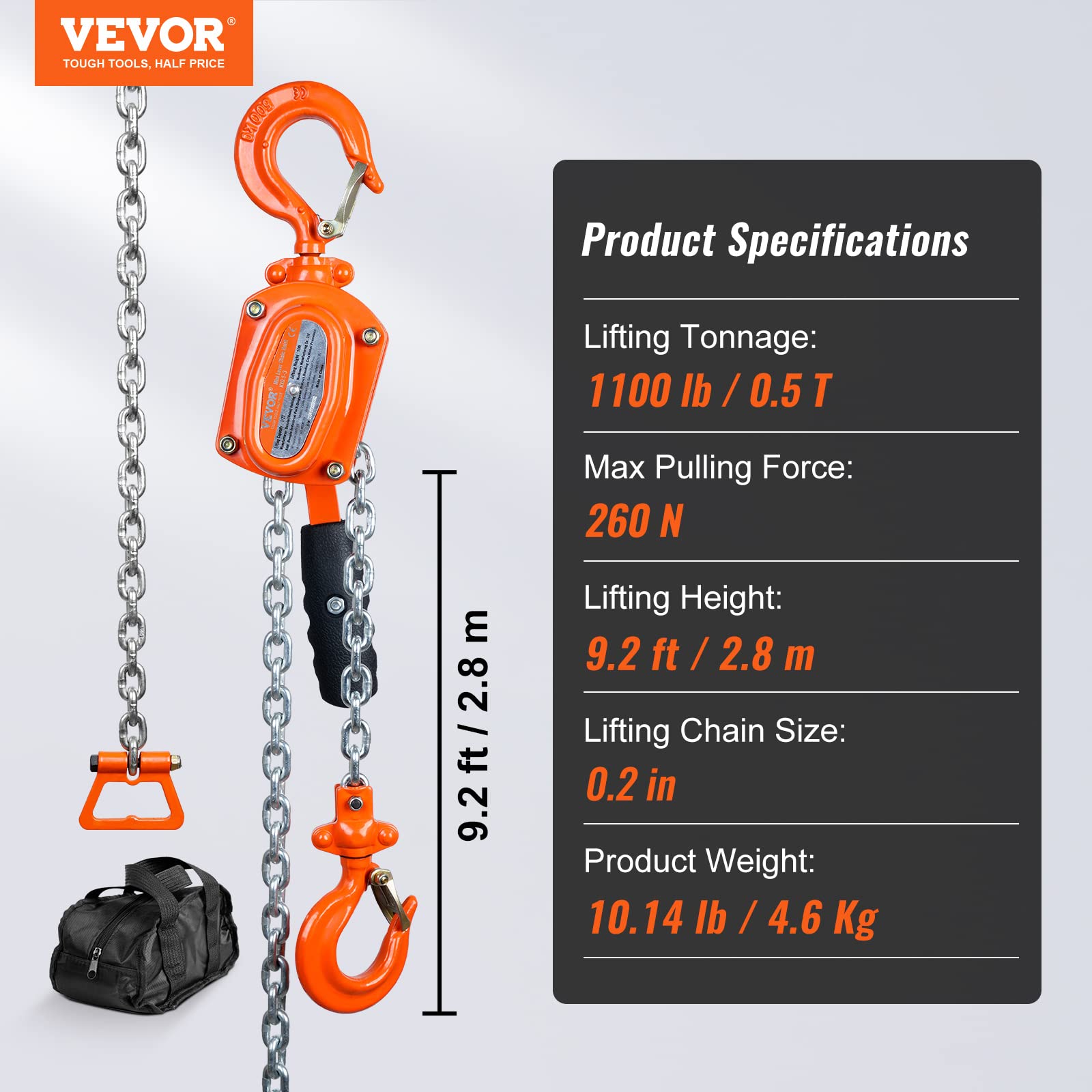 VEVOR Mini Polipasto Manual de Palanca 0,5 T Polipasto de Cadena con Carraca Manipulación Elevación 2,8 m Acero al Carbono G80 Freno Weston Gancho Guía de Cadena con Doble Carraca 360° para Mercancías