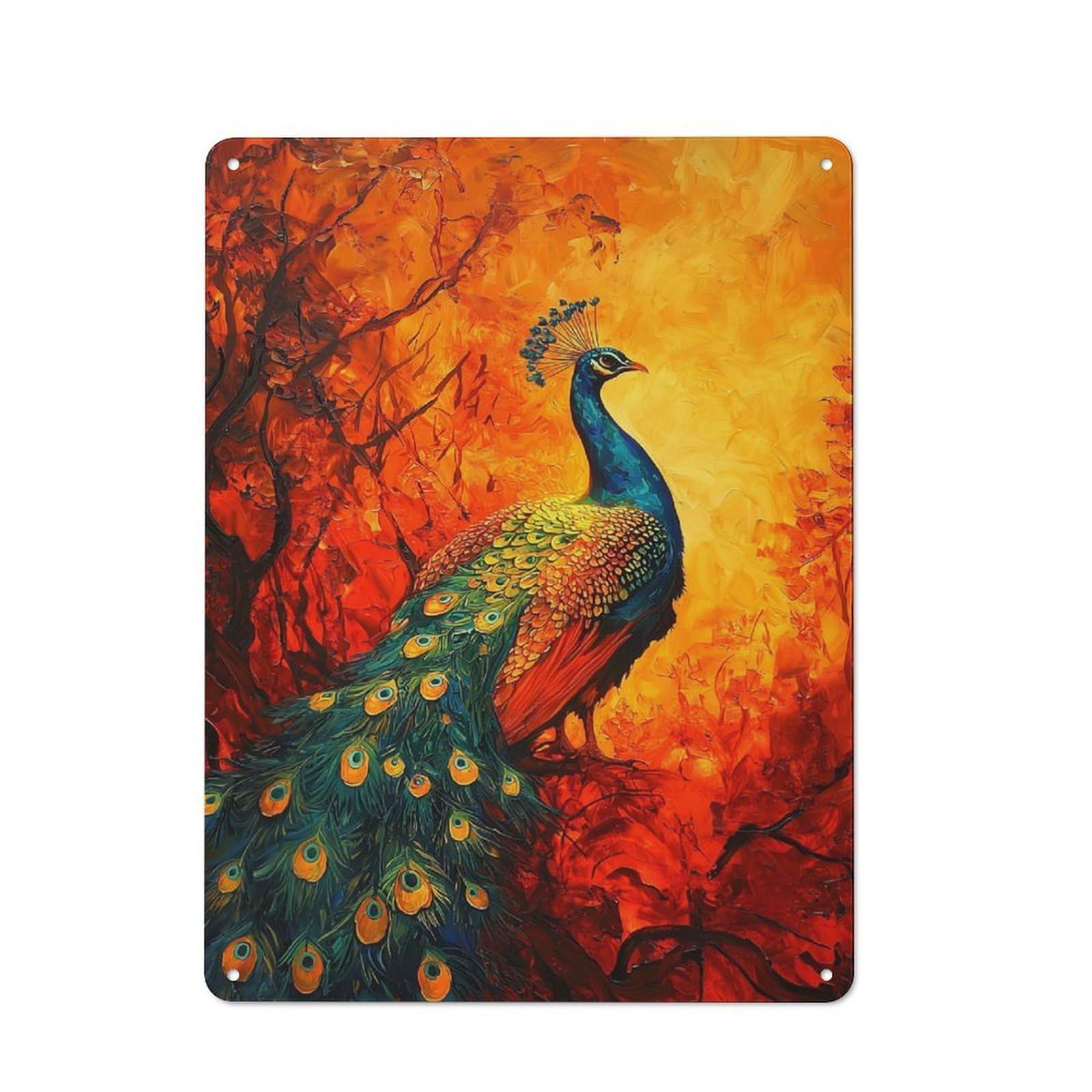 Junmoney Style-6 Vintage Tin Sign 40X30cm With Peacock In Fiery Forest For Man Cave Or Games Room, For Vintage Wall Decor Fans, For Metal Sign Collectors