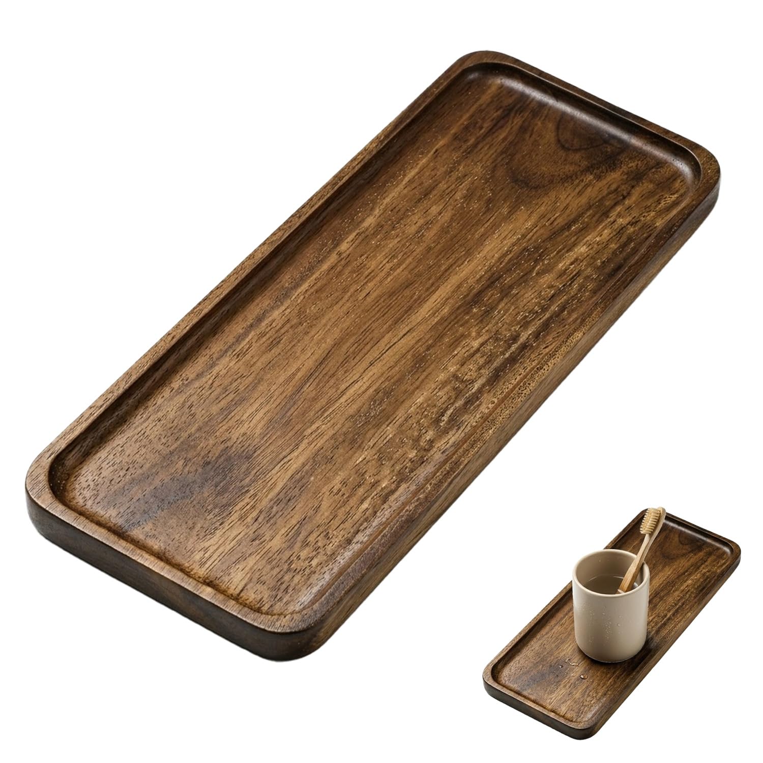 Tweozek Brown Rectangular Wooden Tray, 29 X 10.8Cm Wooden Vanity Tray, Bathroom Tray, Serving Board For Candle, Acacia-Wood Tray For Candle, Perfume, Soap Dispenser, Keys, Jewelry, Decorative Trays