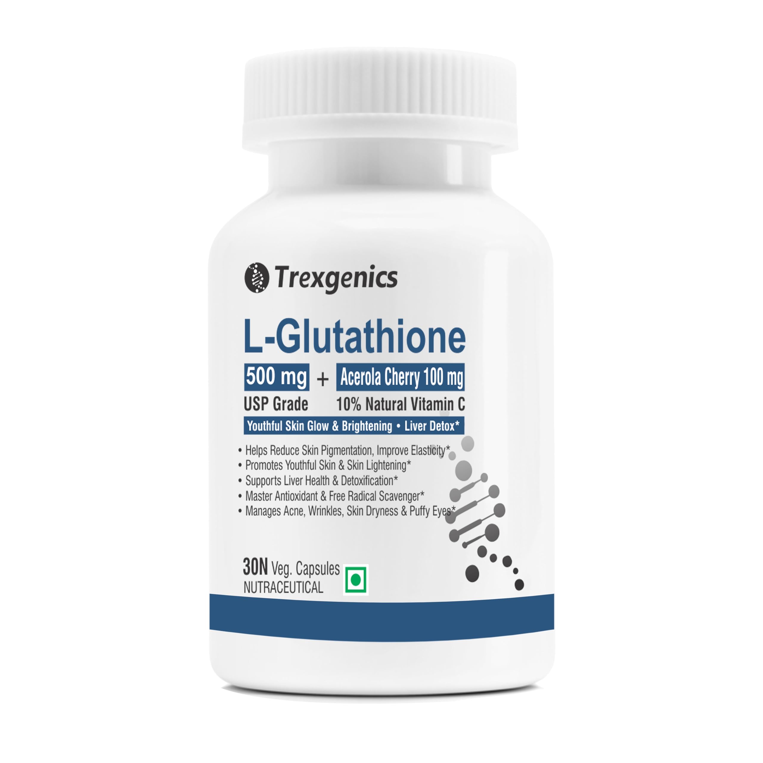 glutathione usp Buy Trexgenics L-GLUTATHIONE USP Grade 500 mg + ACEROLA CHERRY 100 mg 10% Vitamin C Skin Glow, Brightening & Liver Detox (30 Veg. Capsules) (Pack of 1) Online at Low Prices in India