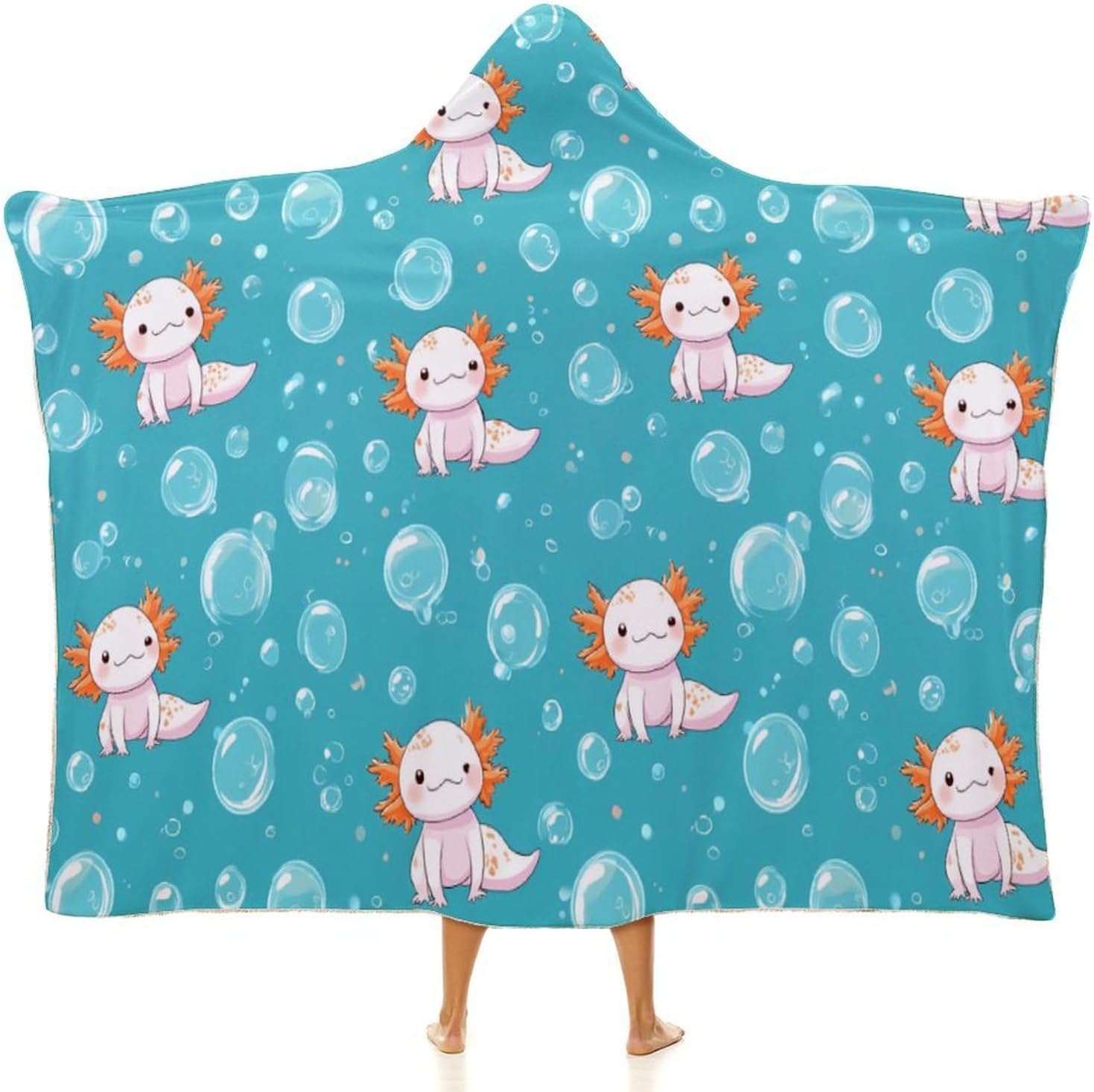 Cute Axolotl Wearable Blanket Oversized Throw Cape | Cozy Hooded Blanket Gifts for Women Men