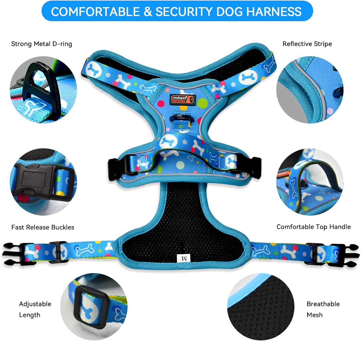No Pull Dog Harness with 4ft Leash, Reflective Dog Harness with Walking Easy Control Handle,Multi-Pattern Adjustable Vest Dog Harness with Poop Handle for Large Medium Small Dogs