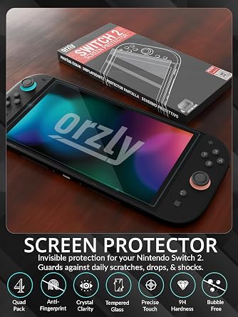 Orzly Glass Screen Protector for Nintendo Switch 2 Console 2025 Screen Size 7.9 inch 4 Pack. No Bubbles Easy Installation Anti Scratch Edition