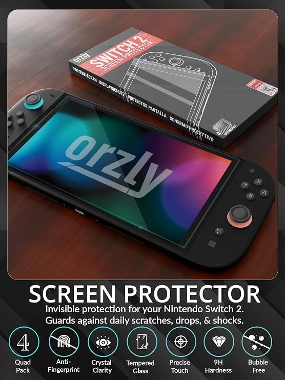 Orzly Glass Screen Protector for Nintendo Switch 2 Console 2025 Screen Size 7.9 inch 4 Pack. No Bubbles Easy Installation Anti Scratch Edition