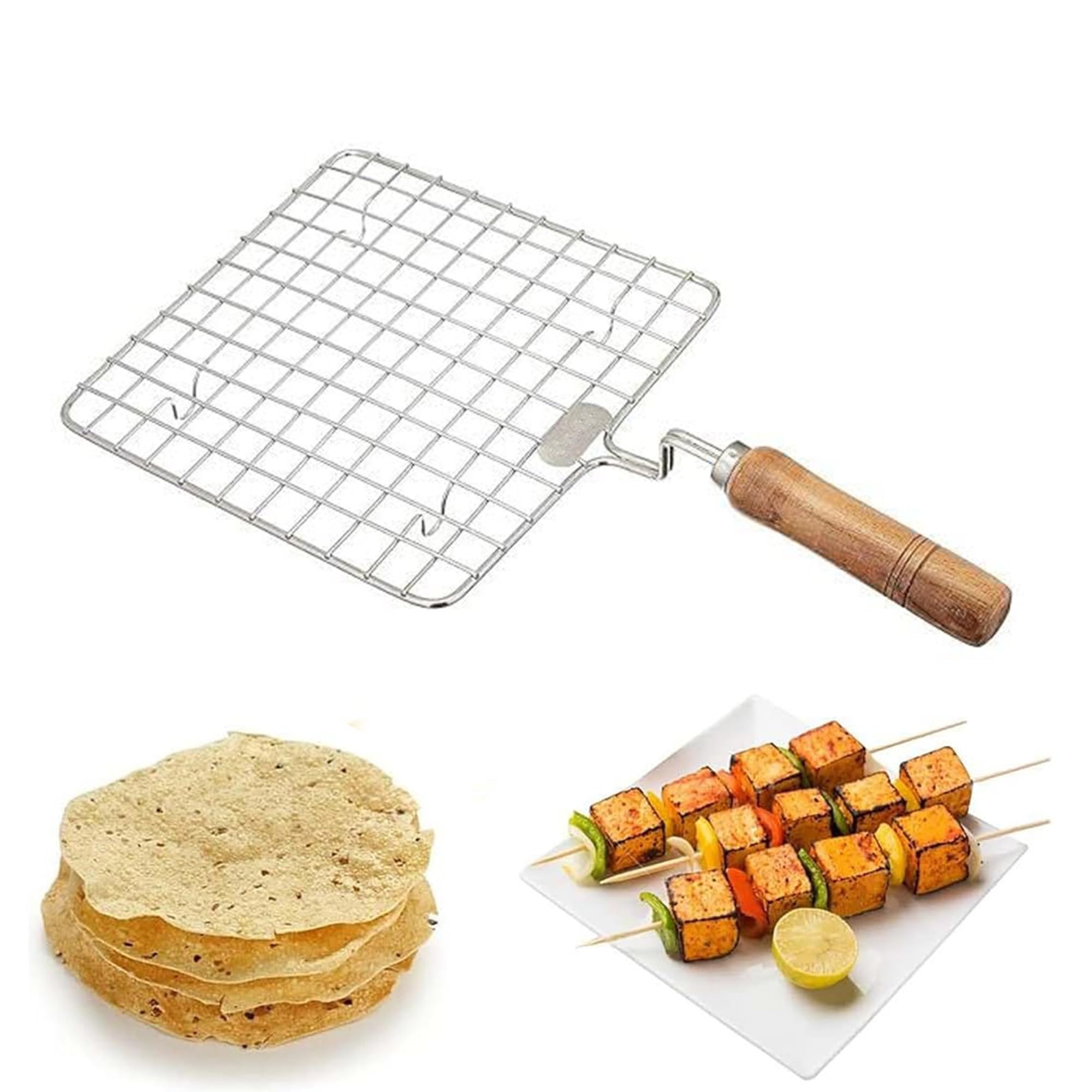 Expresso Papad Jali Roast, Paneer Grill, Roti Maker, Barbeque Jali Roaster Chapati Toast Grill Wooden Handle Vegetable tandoor net, Baigan Bharta (Square) discount deal