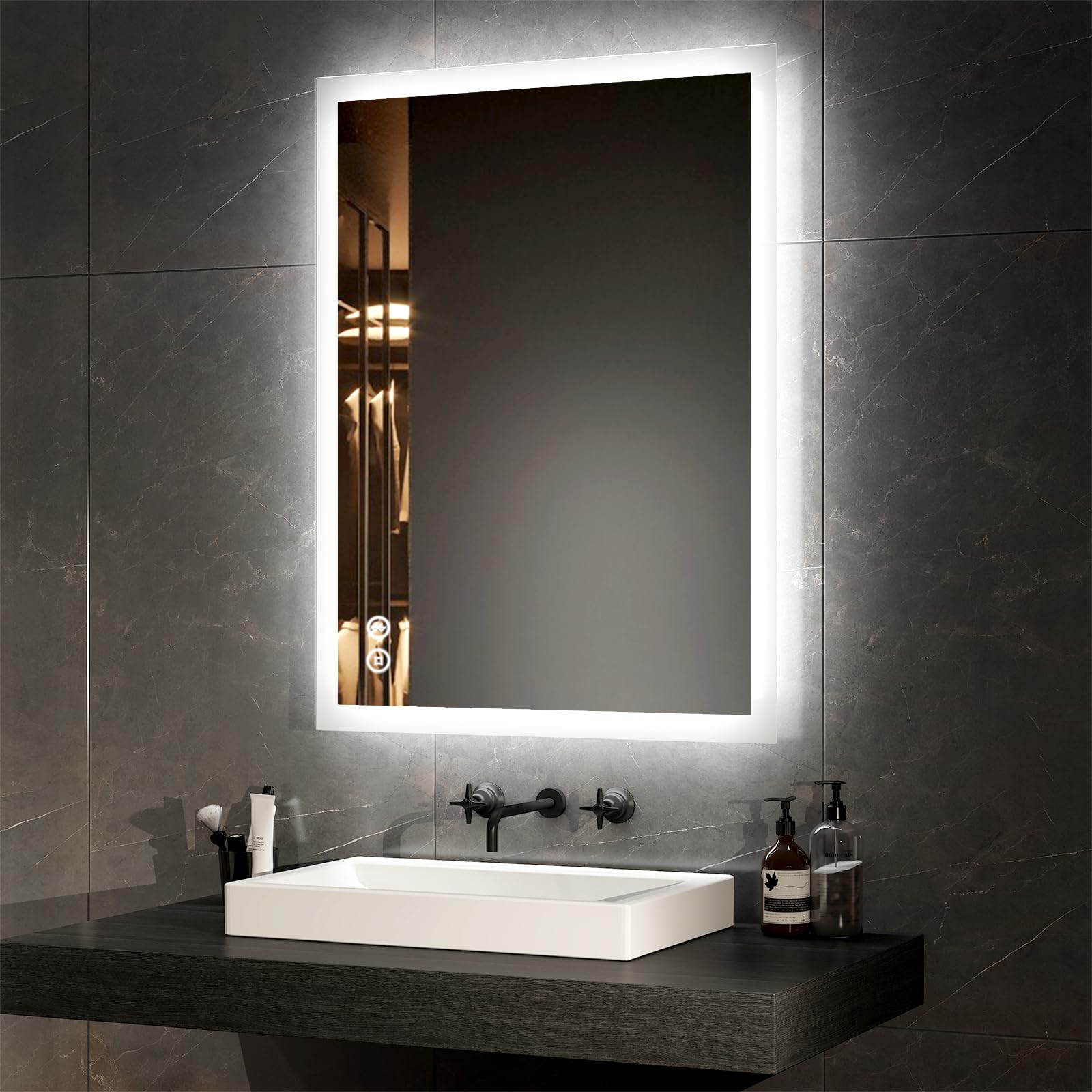 EMKE Led Bathroom Vanity Mirror - Thin Bathroom Wall Mounted Makeup Mirror with Shaver Socket, Bluetooth Speaker, LED Lights, Touch Switch, Demister Pad Waterproof IP44 80x60cm (800 x 600 x 35 mm)