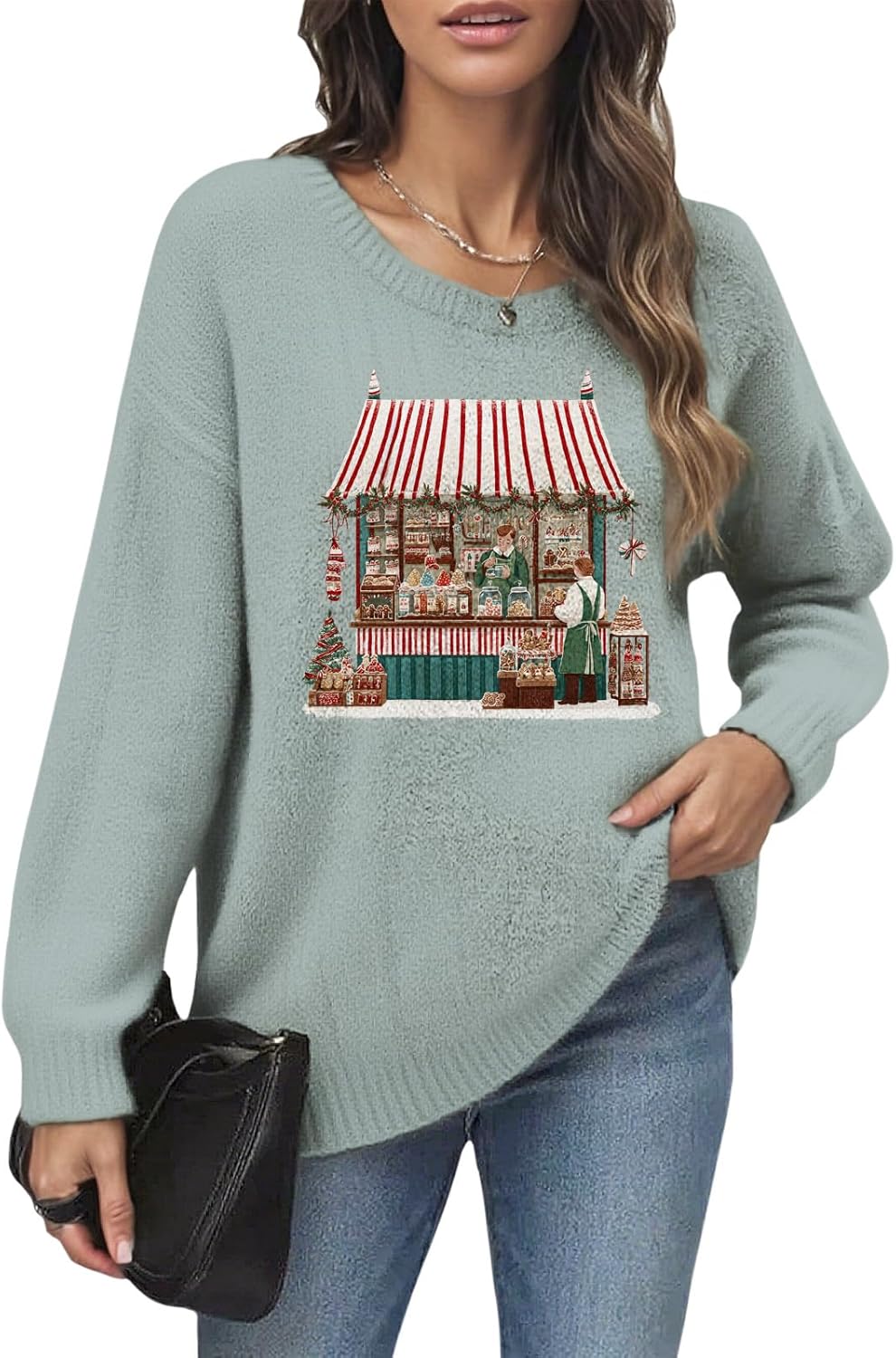 Womens Graphic Print Christmas Sweaters Crewneck Long Sleeve Xmas Knit Jumper Pullover Casual Loose Fit Sweater Tops
