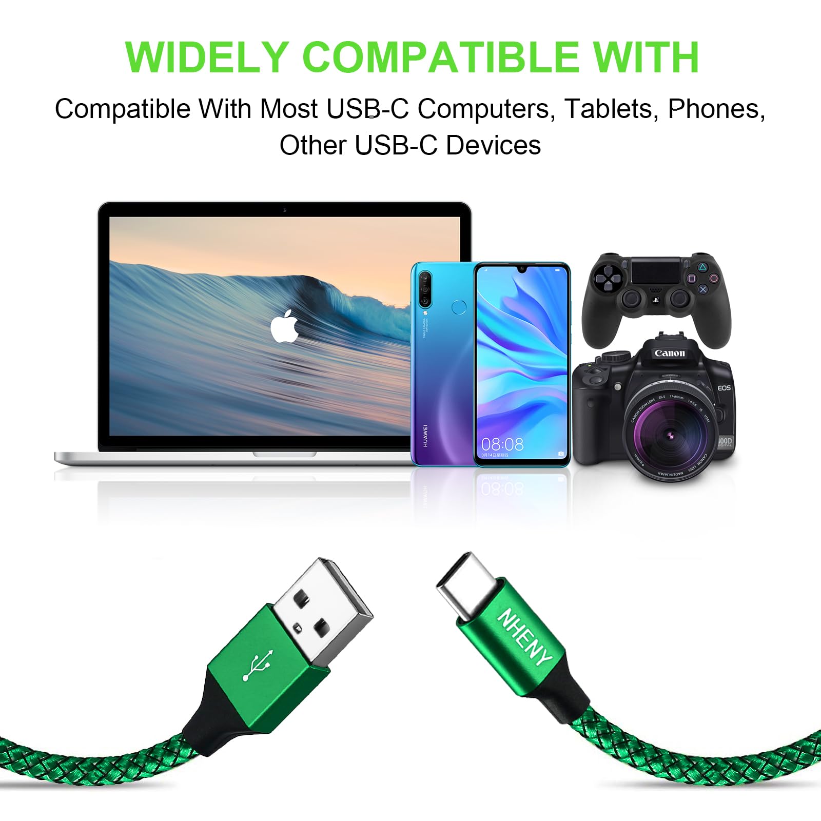 Cavo di ricarica di tipo C verde USB C Premium in nylon lucido intrecciato cavo di ricarica rapida, confezione da 4 pezzi, 3 m, 0,8 x 1,8 m, 0,9 m, per telefono serie 15/16 Plus, Note 10/S10, LG