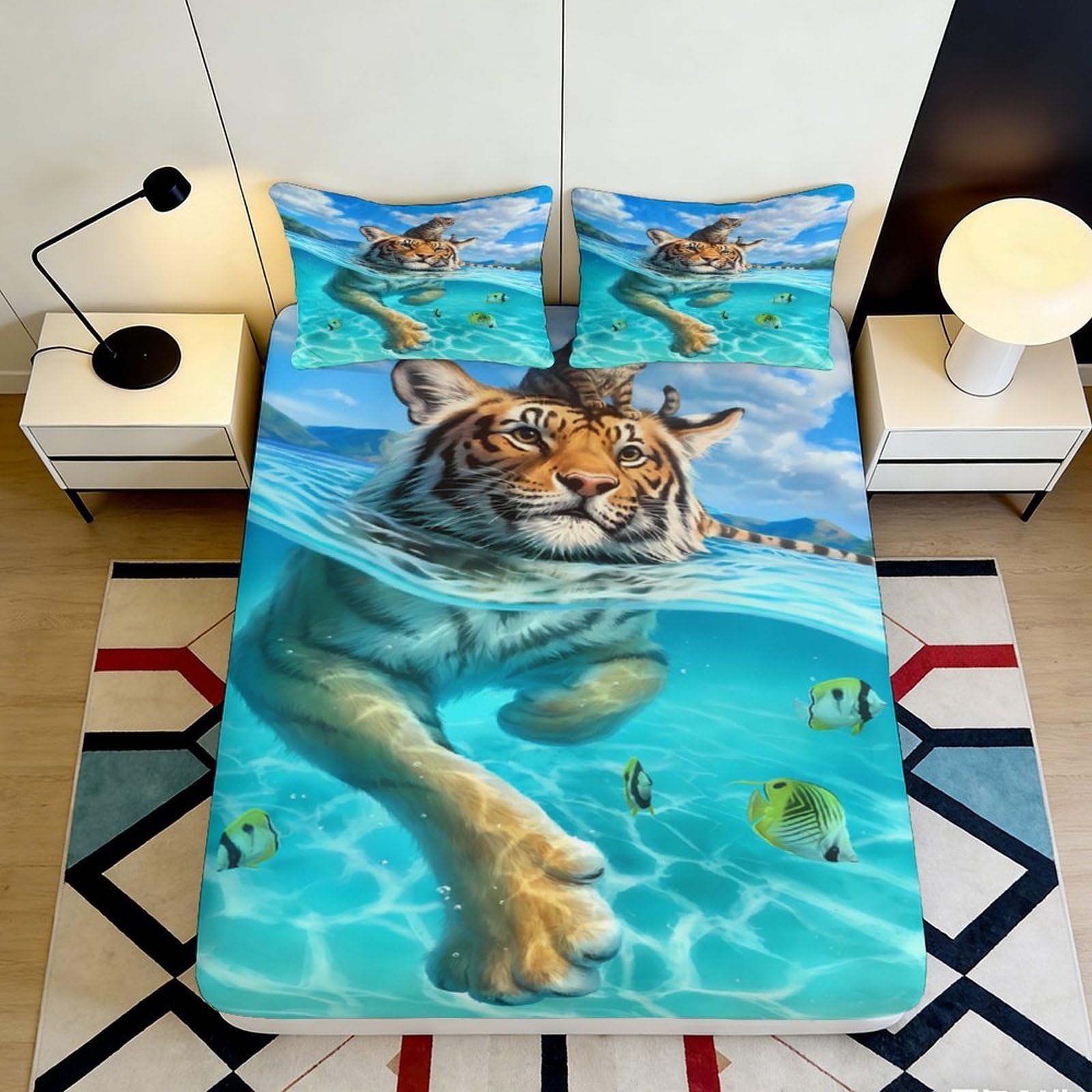 Pnayamiorkfel Style-10 3D Printed Swimming Tiger Fitted Sheet Microfiber Aqua Ocean Fish Mattress Cover For Bedroom Dorm Mattress Protection Decor 90X200x25cm