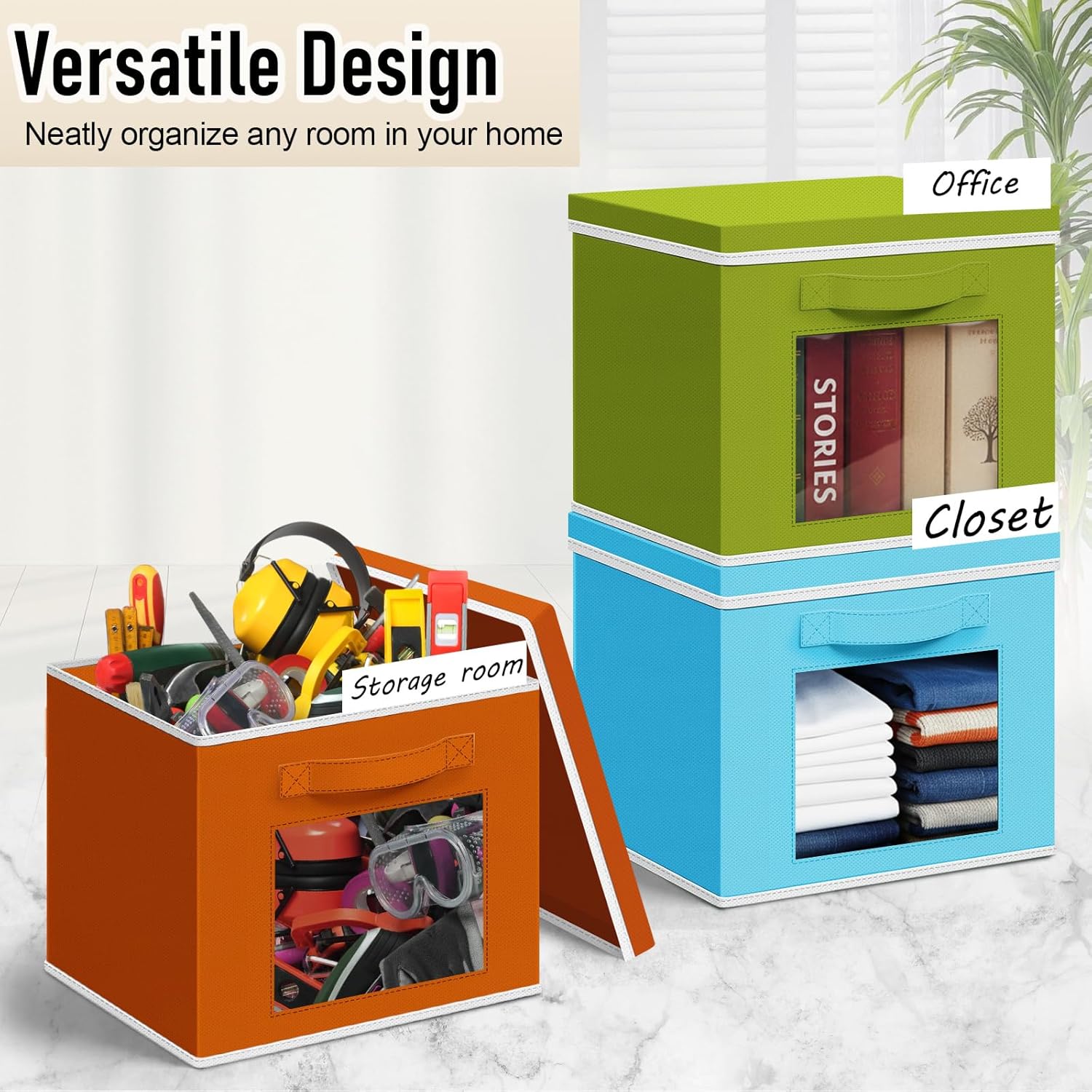 10 Pcs Fabric Storage Cubes with Lids and Clear Windows 11x11 Inch Foldable Closet Organizer Bins Aesthetic Rainbow Storage Bins for Shelves Dorm Essentials Craft & Office Organization