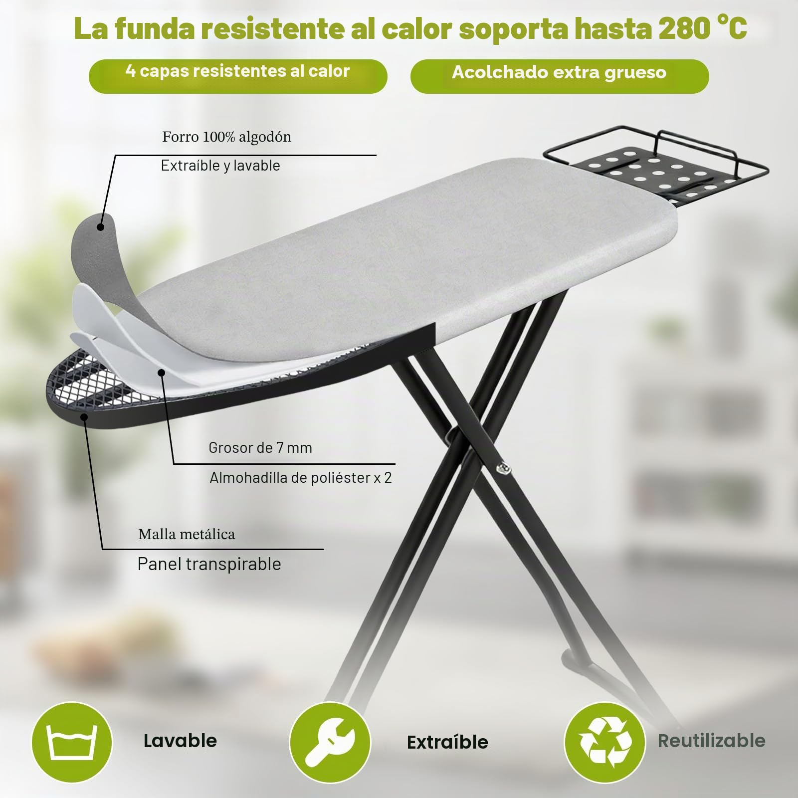 Tabla de Planchar Plegable y de Altura Ajustable, Mesa de Planchar con Soporte para Plancha Resistente al Calor, Almohadilla 4 Capas, 110 x 31 cm，Ironing Board