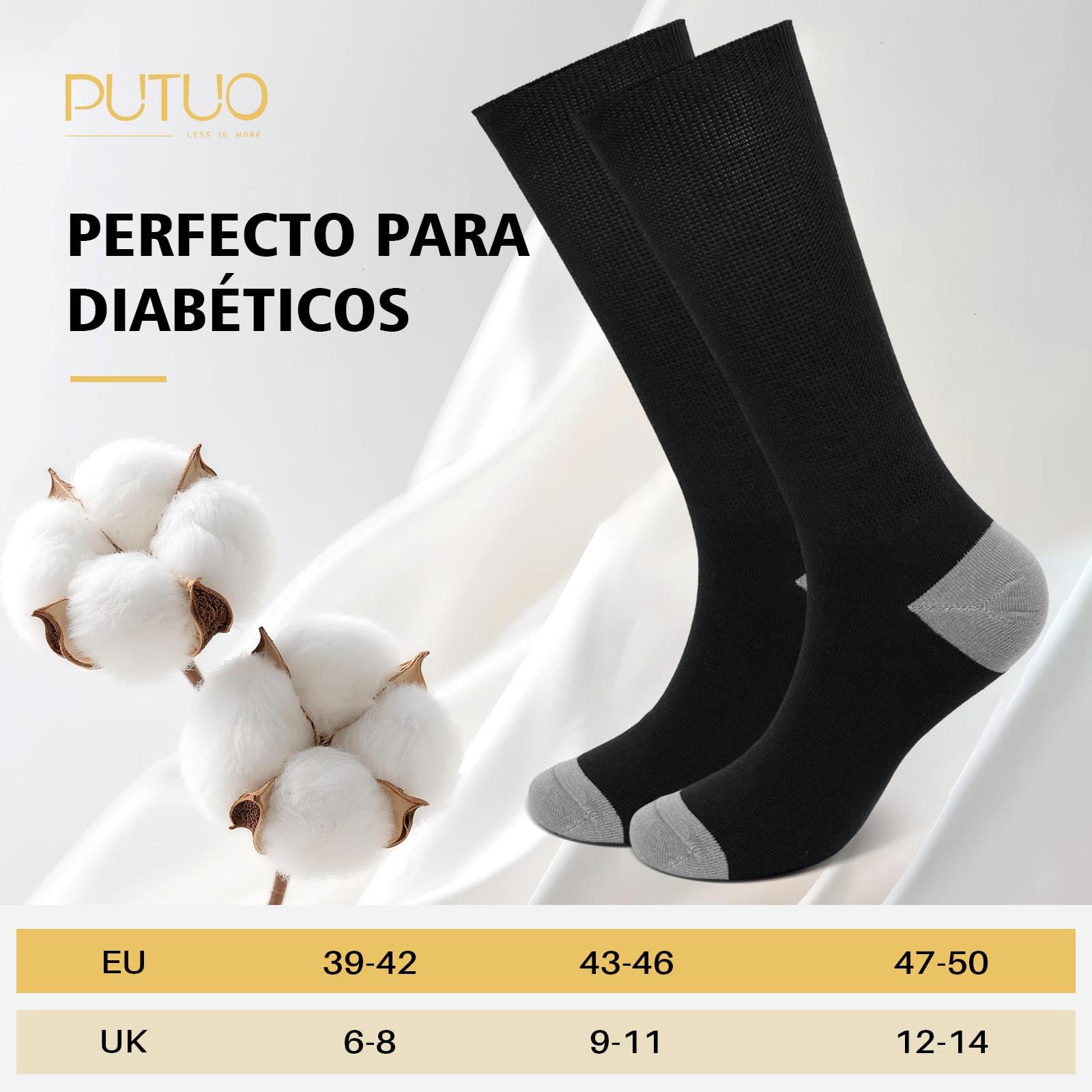 PUTUO Calcetines Diabeticos para Hombre Mujer: Calcetín sin Elastico y sin Costuras de Algodón para Hombres - Calcetines Extra Anchos para Pies Hinchados 6 pares