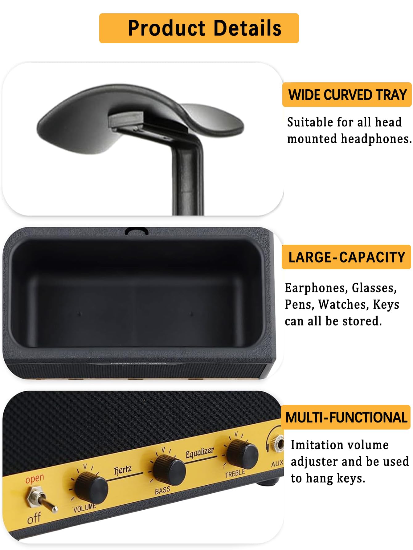 Kopfhörer Ständer Desk - Multipurpose Retro Musikliebhaber Headset Halterung mit Quadratischer Aufbewahrungsbox 2 in 1, Organizer für Kopfhörer, Brillen, Stifte, Uhren, Schlüssel, Gadget