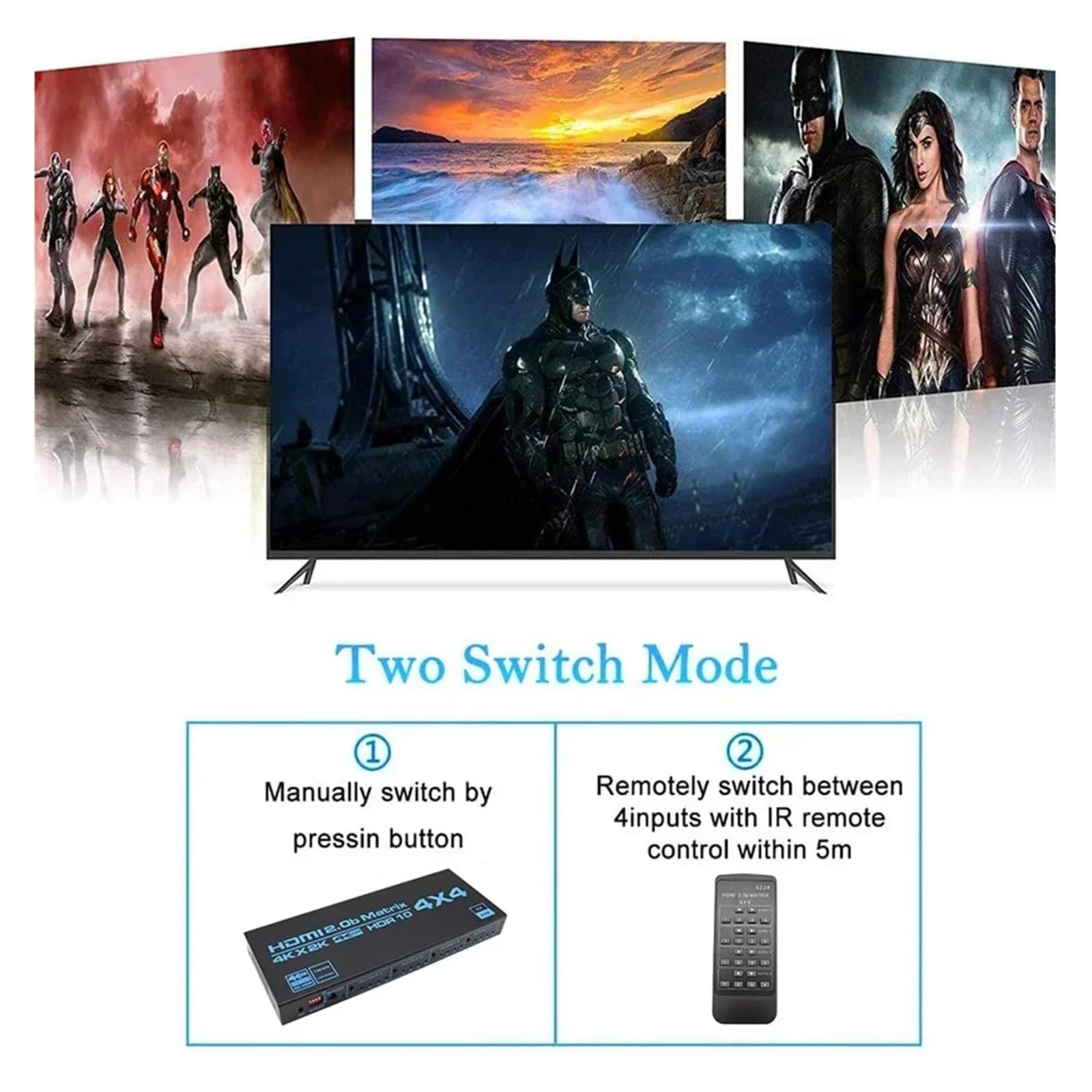 Conmutador de Matriz Compatible con 4x4, Divisor Compatible 4K HDR HDTV, Caja 4 entradas y Salidas HDCP 2