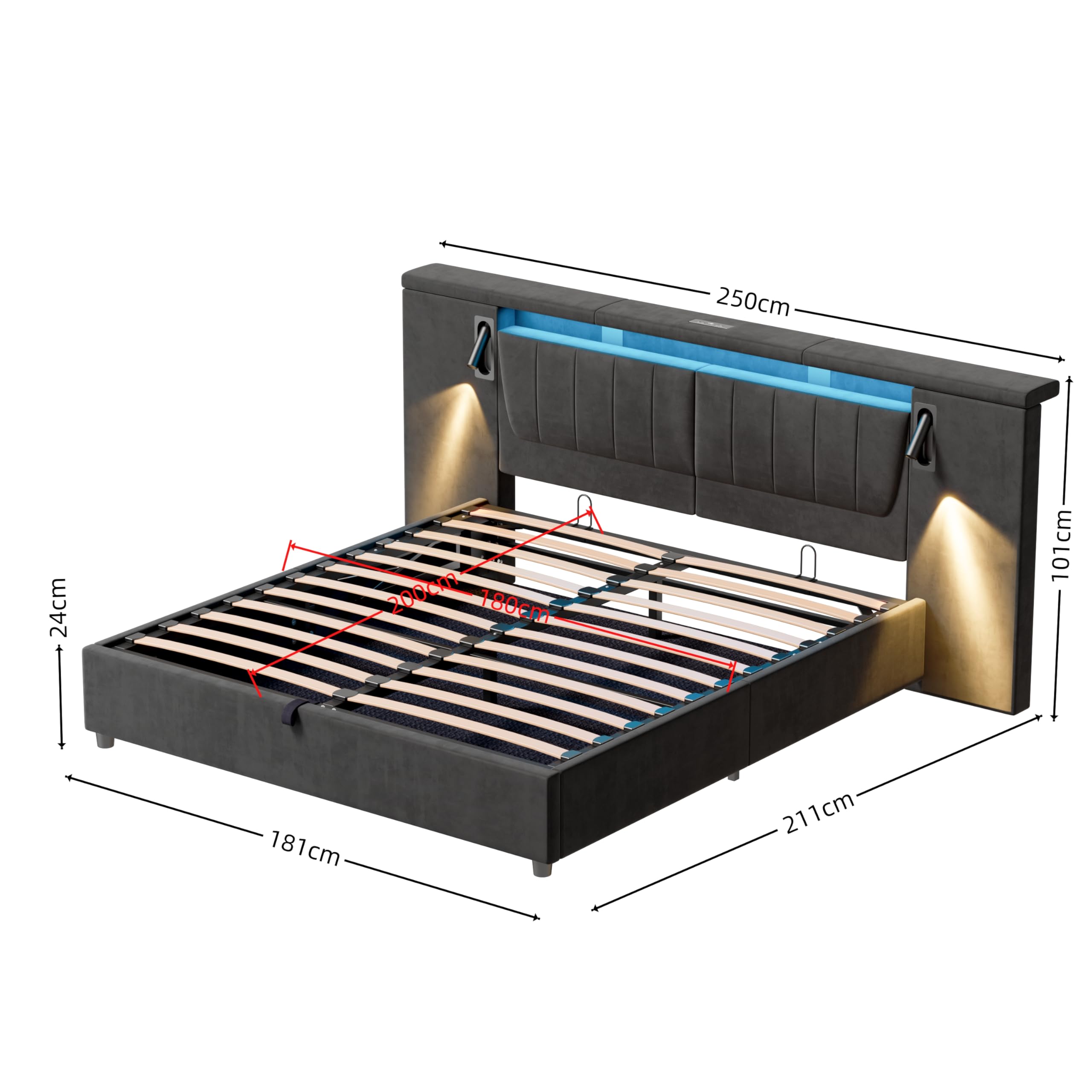 Letto Matrimoniale 180x200 con LED Testiera larga, Letto Contenitore Matrimoniale con porta USB e Lampada, Struttura Letto Matrimoniale Imbottito 180x200, Senza Materasso, Velluto Grigio