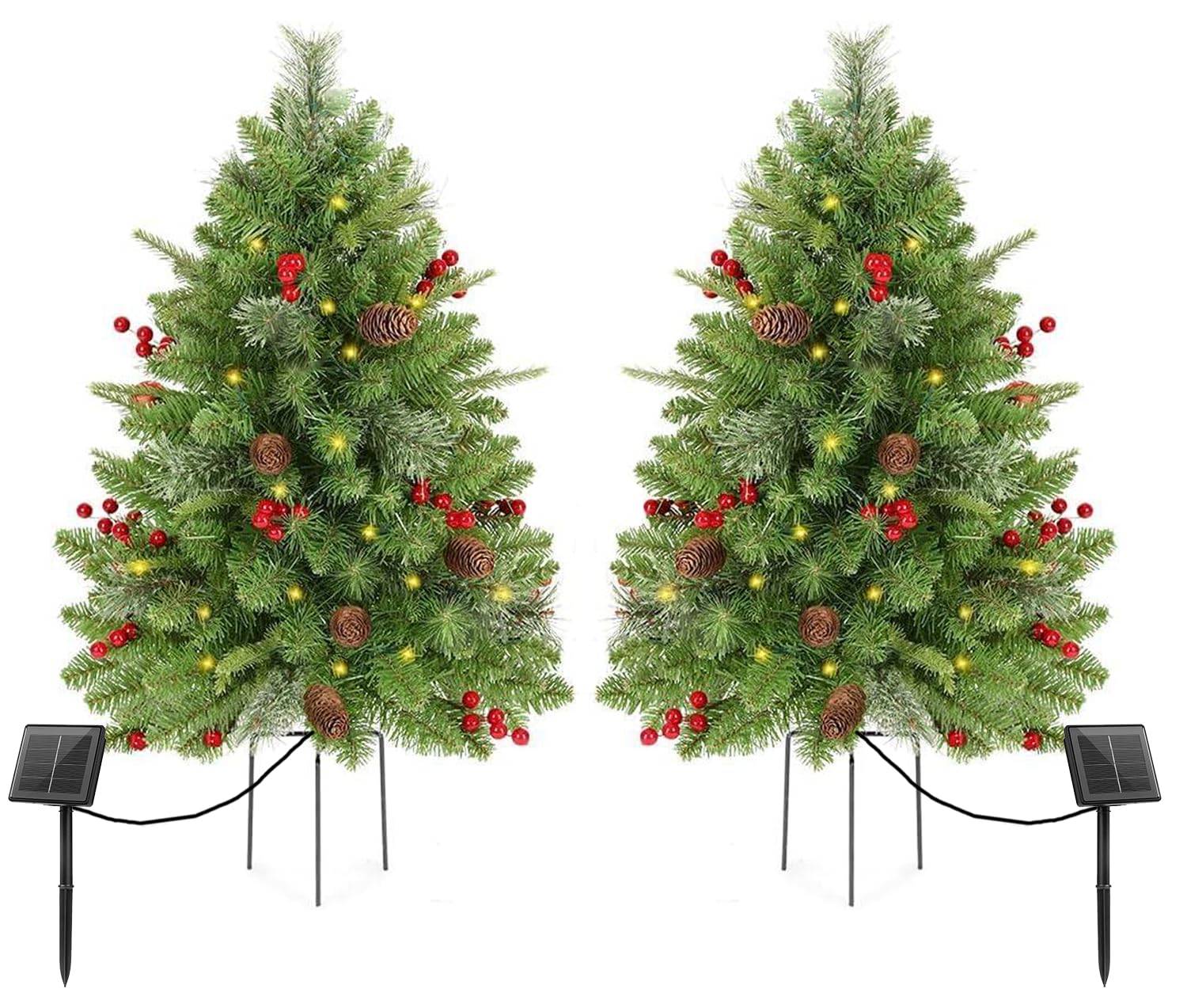 2 Set 30Inch Outdoor Christmas Tree, Pre-Lit 50LED Solar Power Christmas Porch Decorations Outdoor Tree, Hundreds Branch Tips Lush, Pine Cones, Red Berries and Red Ball