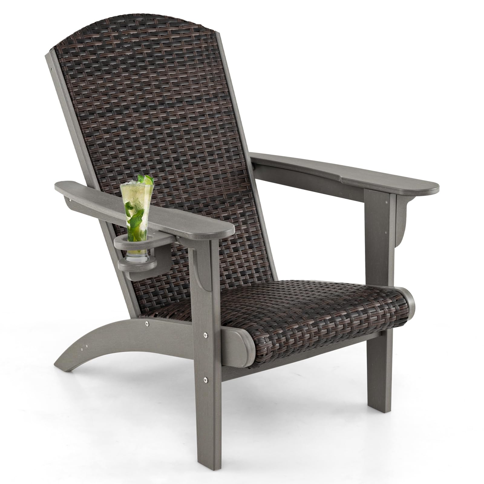 COSTWAY Silla Adirondack, HDPE con Asiento y Respaldo Acolchonados de Ratán, Silla Jardin con Reposabrazos Anchos y Portavasos Oculto, 92 x 76 x 100 cm (Gris)