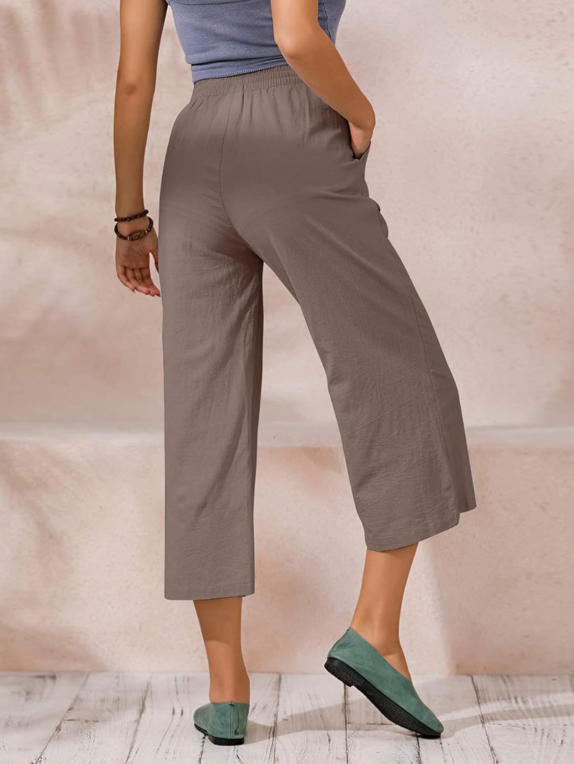 Womens Cotton Cropped Pants Loose Fit Wide Leg Capri Casual Plus Size Elastic Waist Trousers - Image 3