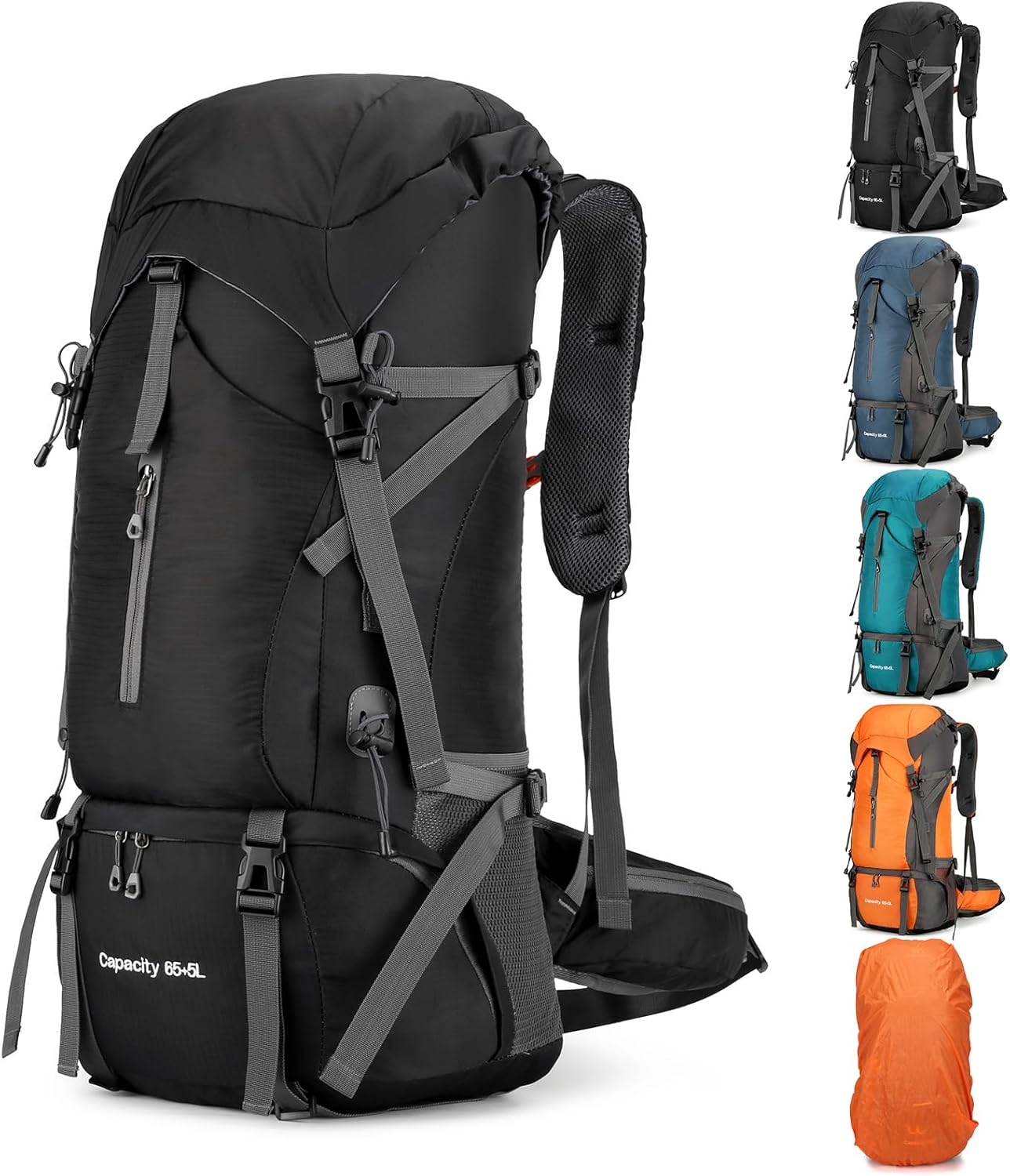 OKYUK 70L Hiking Backpack, Camping Hiking Back Pack, Water Resistant Lightweight Mountain Climbing Bag, Outdoor Camping Sport Daypack with Rain Cover, for Travel, Touring, Cycling (Black, 70L)