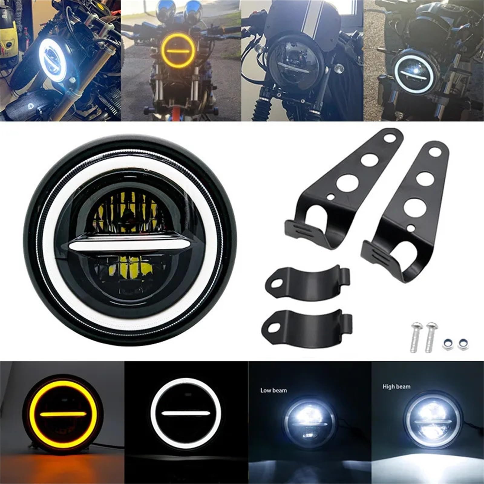 faro motocicleta 7 Inch 50W DOT SAE E9 Motorcycle Headlamp angle eye with DRL turn signal Led Headlight housing bucket(Black)