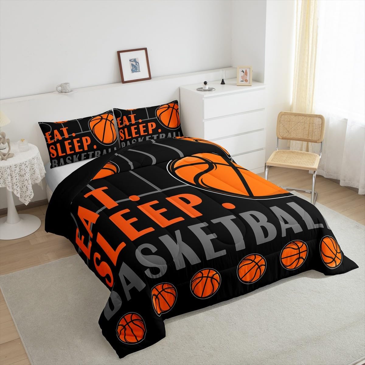 Basketball Toddler Comforter Set - Sports Bedding for Boys, Teen Sport Game Ball Theme Down Comforter, Basketball Decor for Kids Bedroom, 2 Pcs Black Orange