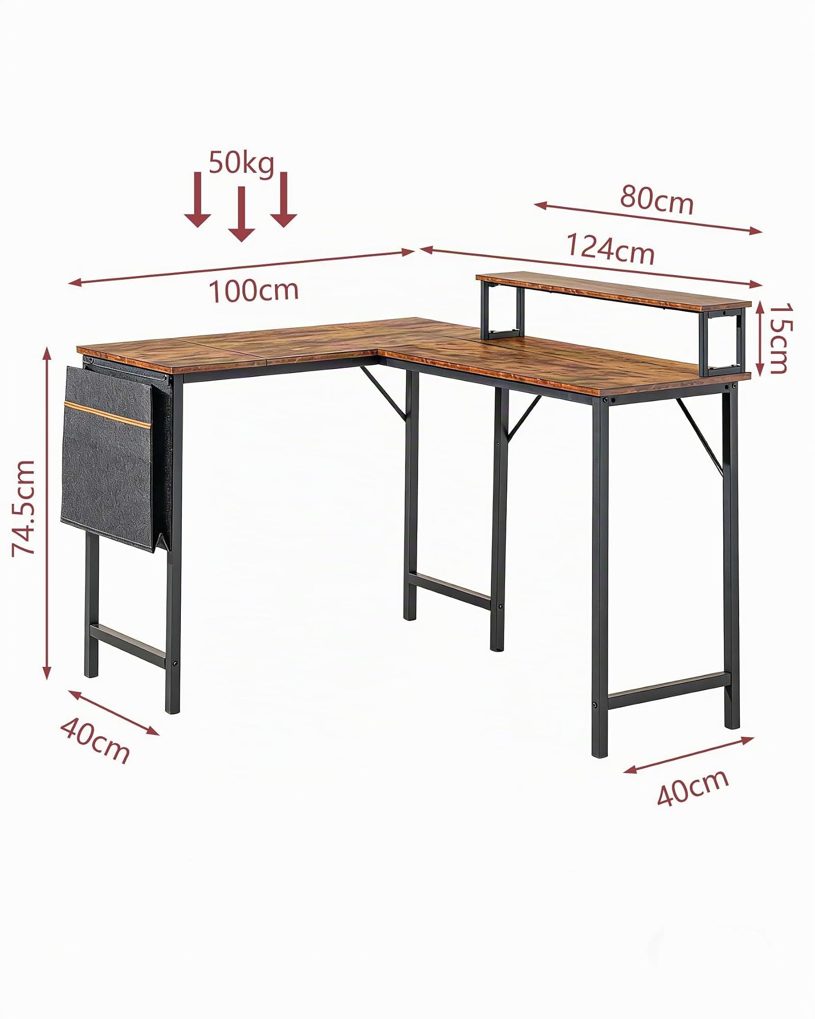 Scrivania angolare 124 cm, scrivania per computer, ufficio, scrivania, vintage, in legno, per casa, ufficio, studio, ufficio, computer, scrivania, workstation, design industriale