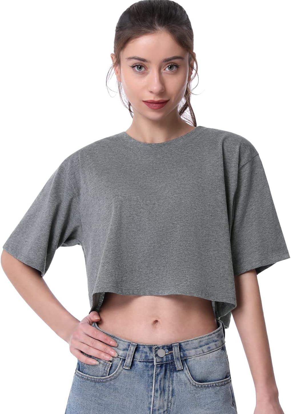 Cosy Pyro 4-Pack Women's Cotton Crop T-Shirts Short Sleeve Solid Cropped Athletic Top Round Neck Casual Workout Yoga Tees - Image 2