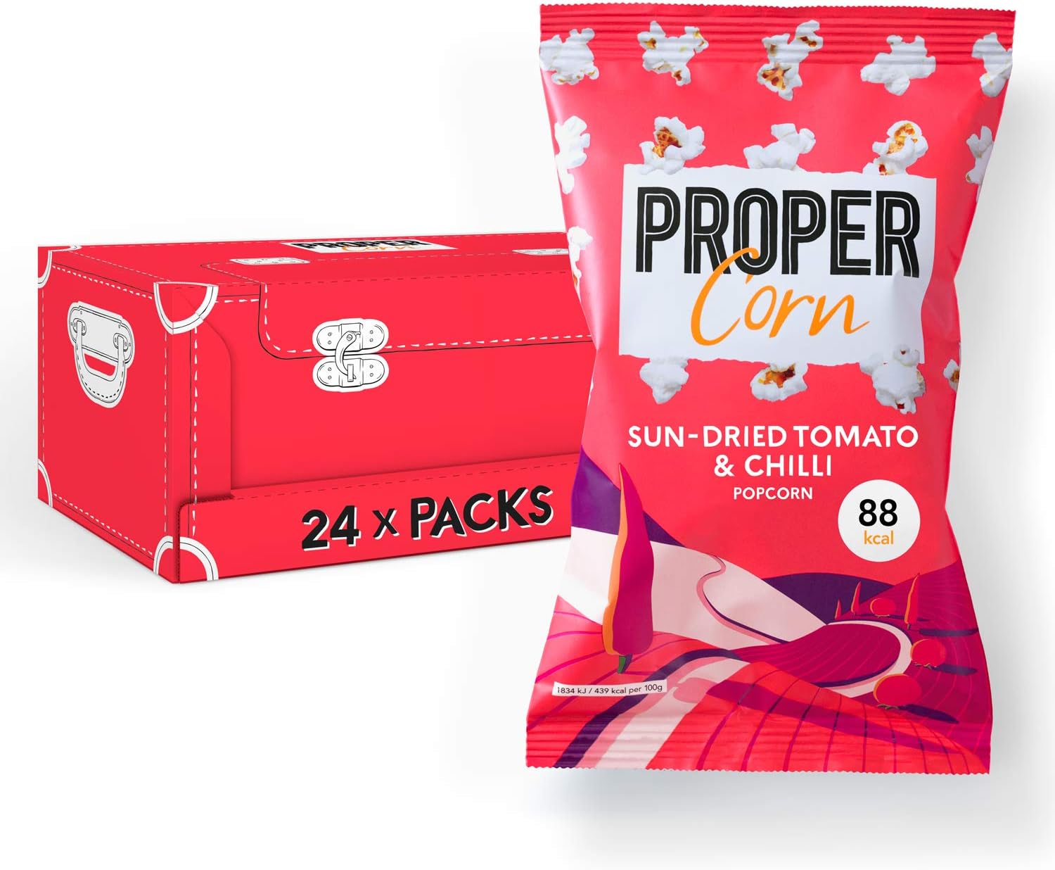 PROPERCORN Sundried Tomato and Chilli Popcorn - Vegetarian, Gluten-Free, Wholegrain Butterfly Corn (24 x 20g)