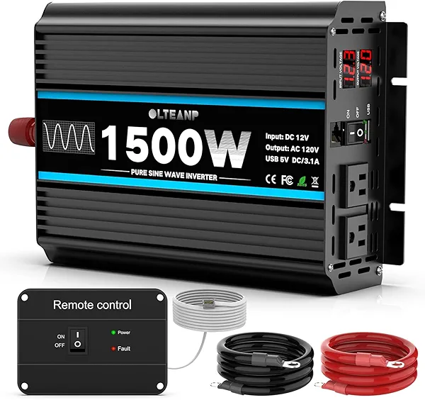 OLTEANP 1500W Pure Sine Wave Inverter 12V DC to 110/120V AC Power Inverter with 2 AC Outlets, 3.1A USB Port, LCD Display, Remote Controller, Car Power Converter for Truck, Home, Vehicles, Boat