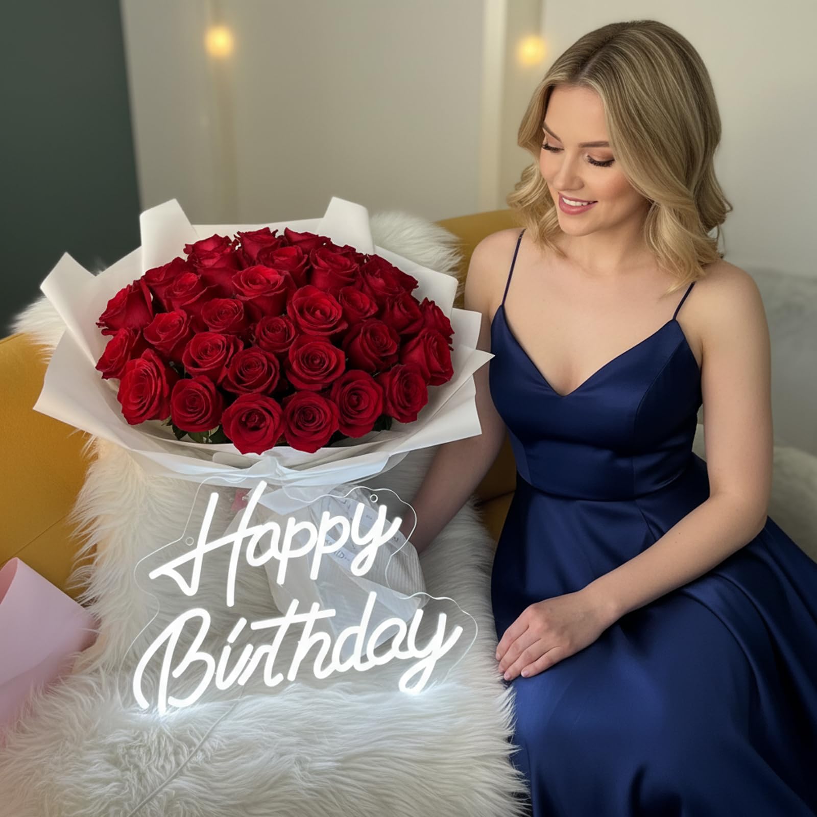 GENDLTHIJ Neon "Happy Birthday" do dekoracji ścian, ciepła biel LED, artystyczna dekoracja, neonowy znak świetlny na każdą imprezę urodzinową (biały)