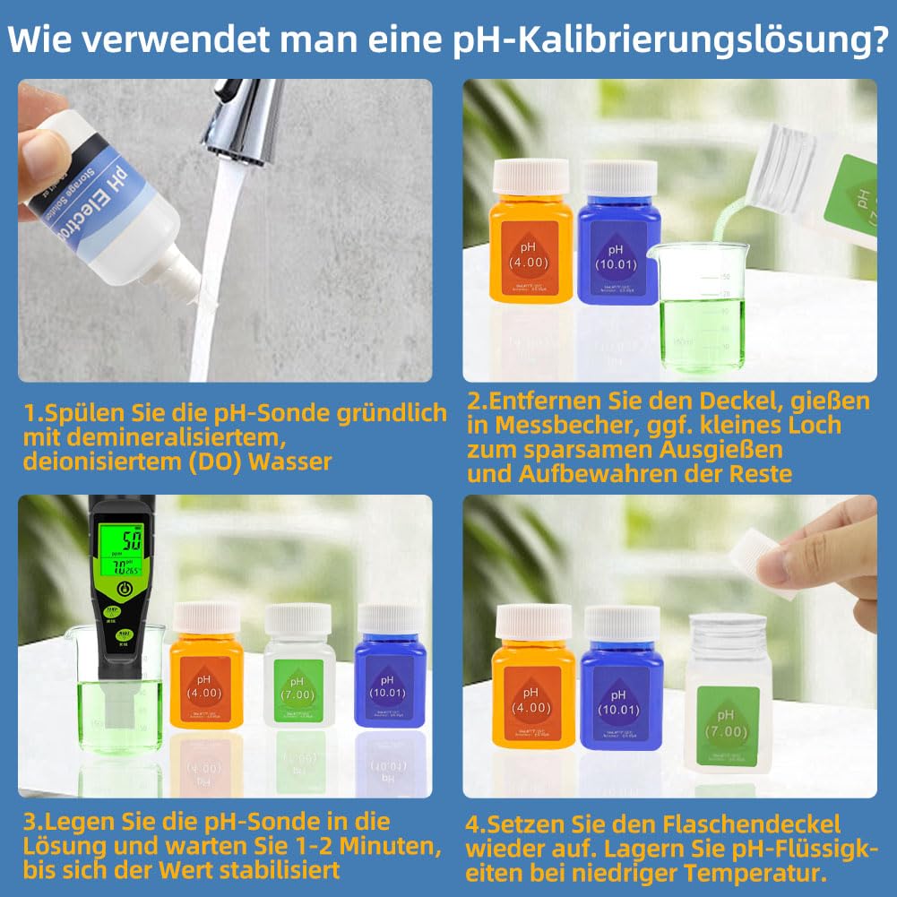 Kit de solution d'étalonnage PH (4.00, 7.00 et 10.01) avec solution tampon KCL, 3 flacons de solution d'étalonnage PH de 50 ml et 1 flacon de 50 ml de solution de sonde KCL PH pour appareil de