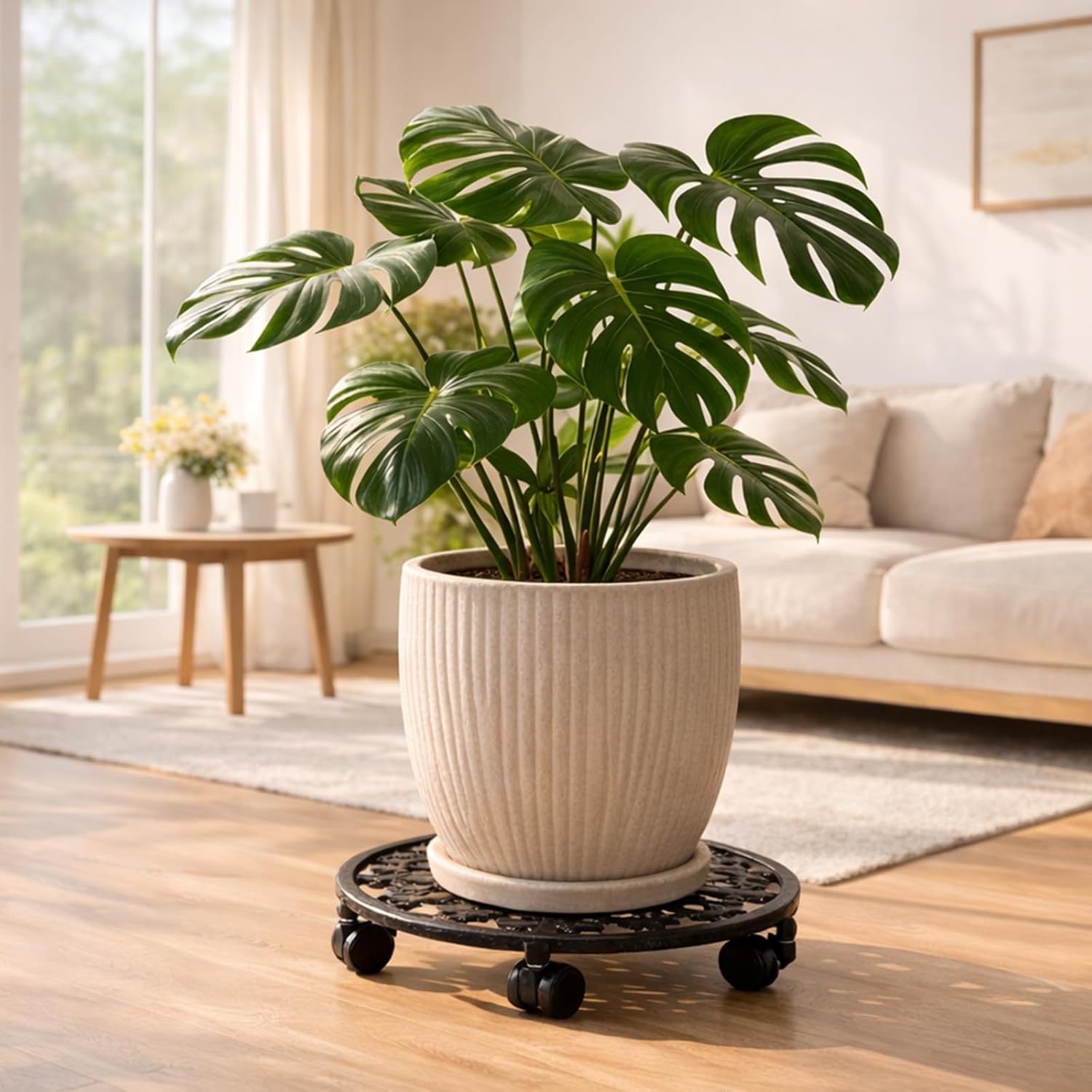 2 Pack Plant Caddy with Wheels, PlanterHoma 11 Inch Metal Plant Stand with Wheels Heavy Duty Wrought Iron Plant dolly Rolling Stand Plant Roller with Casters for Indoor and Outdoor with 2 Pack Plant Saucers