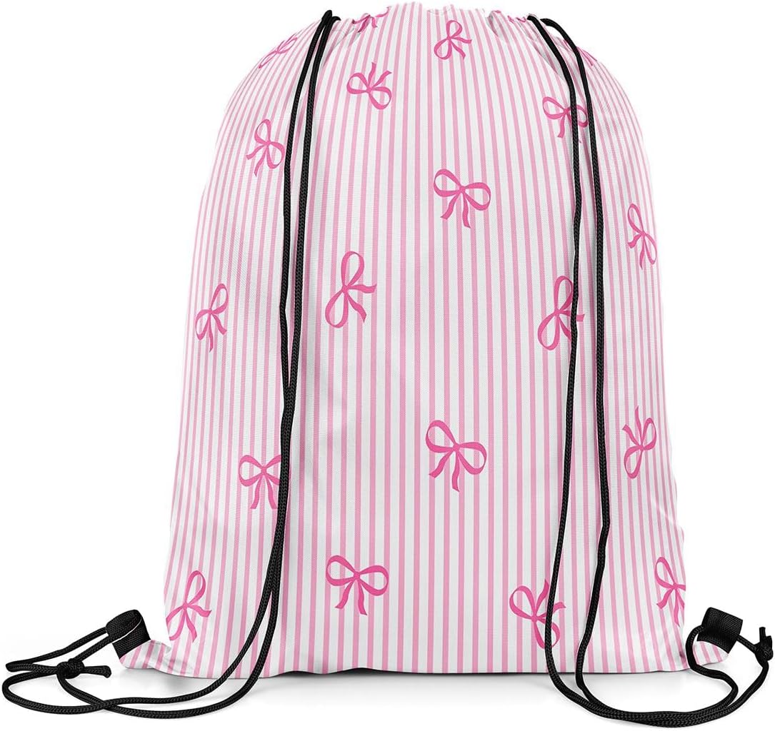Castle Fairy Bow Drawstring Backpack Bag,Pink Bowknot Stripes String Bag Sackpack,Sweet Princess Style Water Resistant Backpack for Gym Shopping Sport Yoga