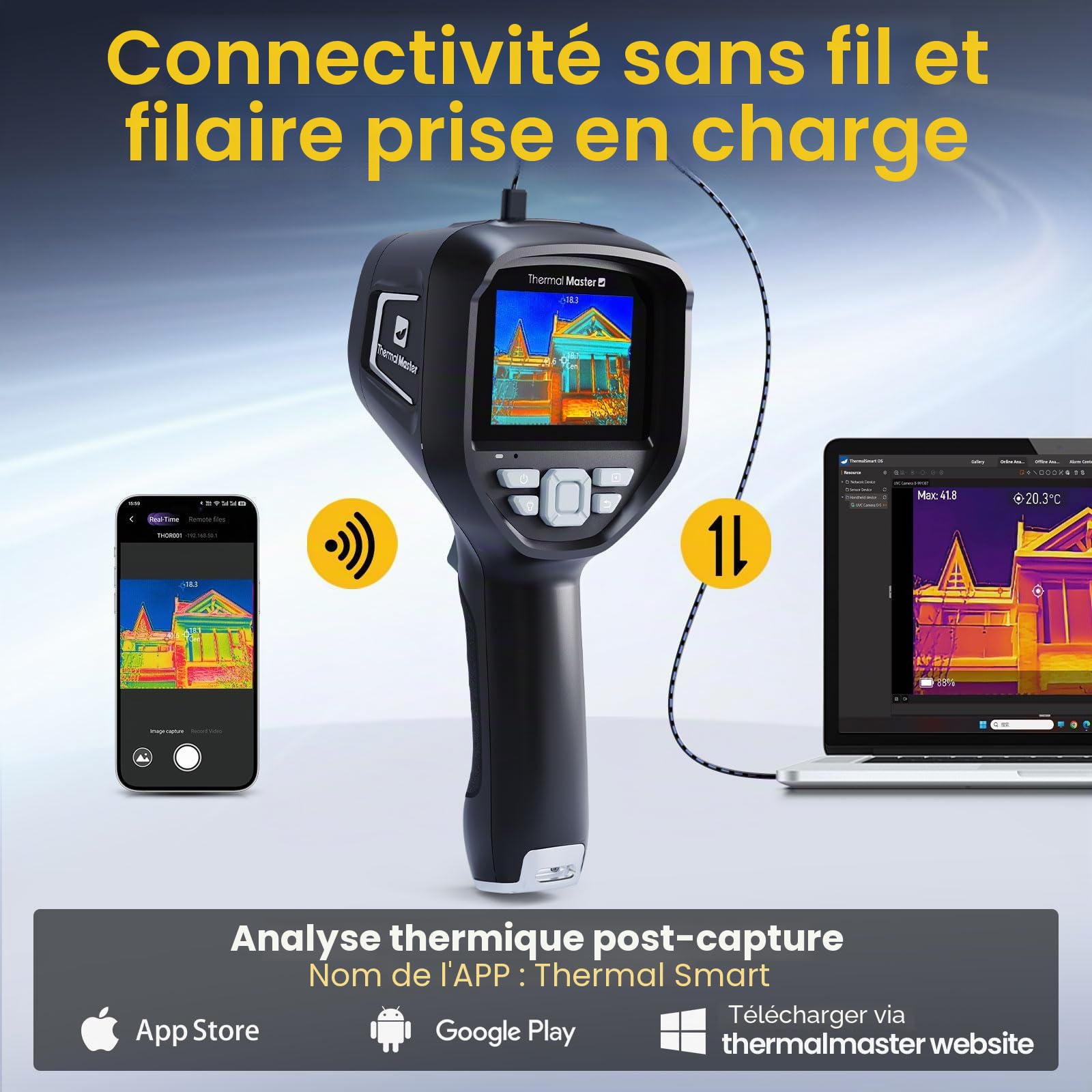 Thermal Master Thor001 Caméra thermique avec macrolens Super résolution 512 x 384 Caméra infrarouge portative ± 1,5 °C Précision 2M Pixel Caméra visuelle PC/Wifi APP Analyse d'image (Thor 001 Noir)