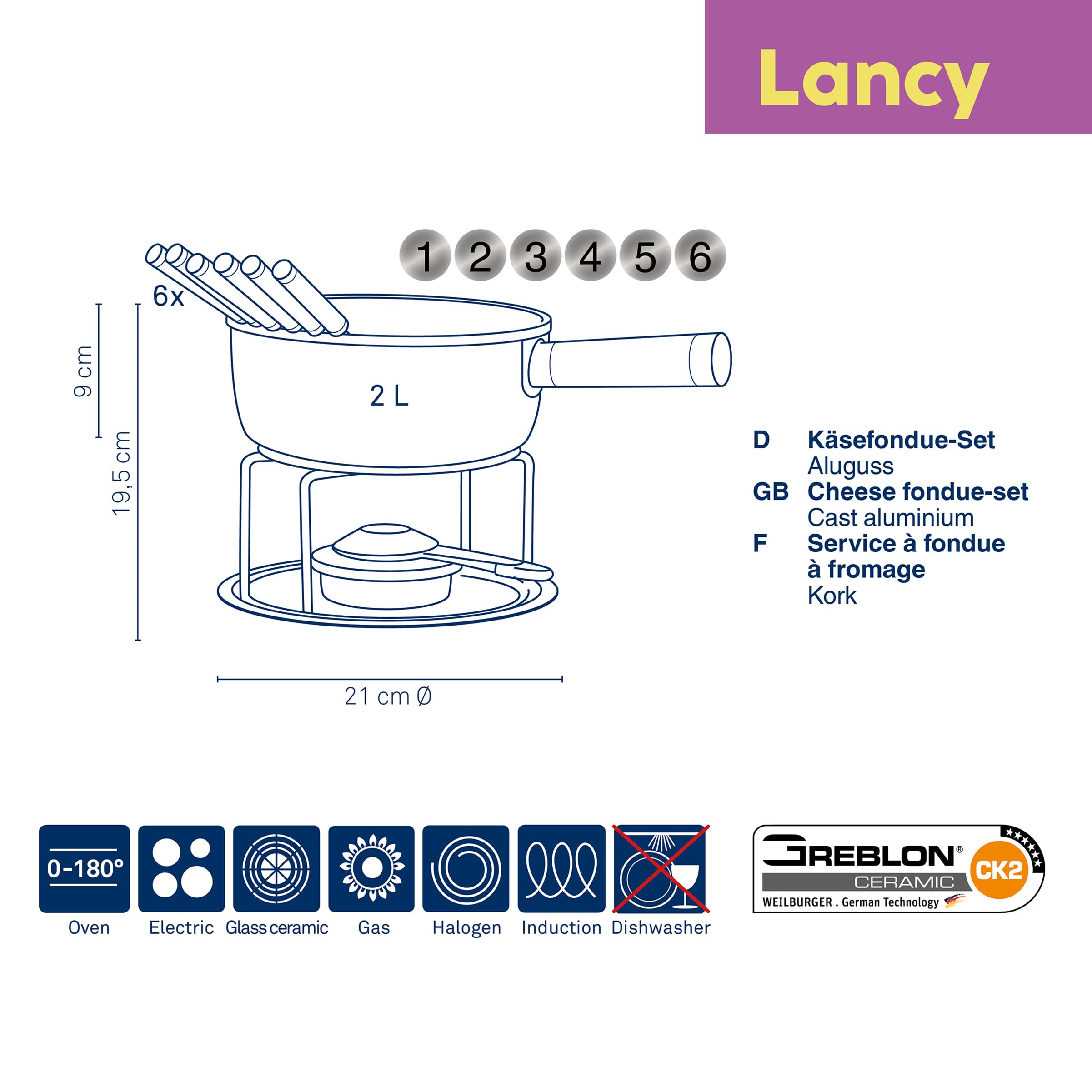 kela Käsefondue Set 10tlg, Aluguss Fondue für 6 Personen LANCY, keramisch beschichtet, Käse Fondueset mit Brennpastenhalter, Gabeln, Gabelhalter