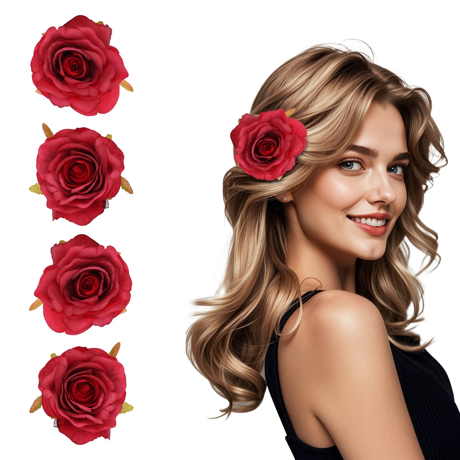 Aodse 4 PCS Fabric Rose Hair Clip Brooches Mexican Red Rose Brooch Headpieces Bride Women Girl Dress Elegant Hair Accessories for wedding and Party