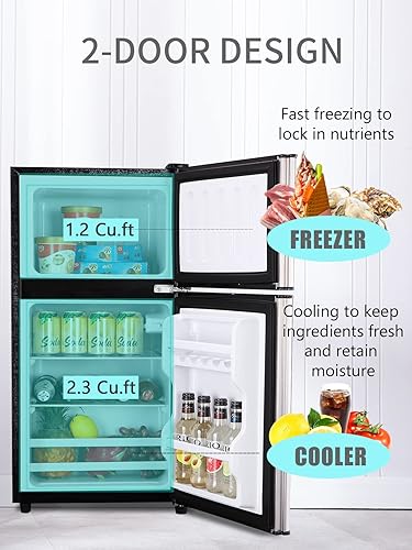 Vista 7 de Minirefrigerador con congelador en la parte superior, refrigerador compacto de 3.5 pies cúbicos con termostato ajustable de 7 niveles, para plateado