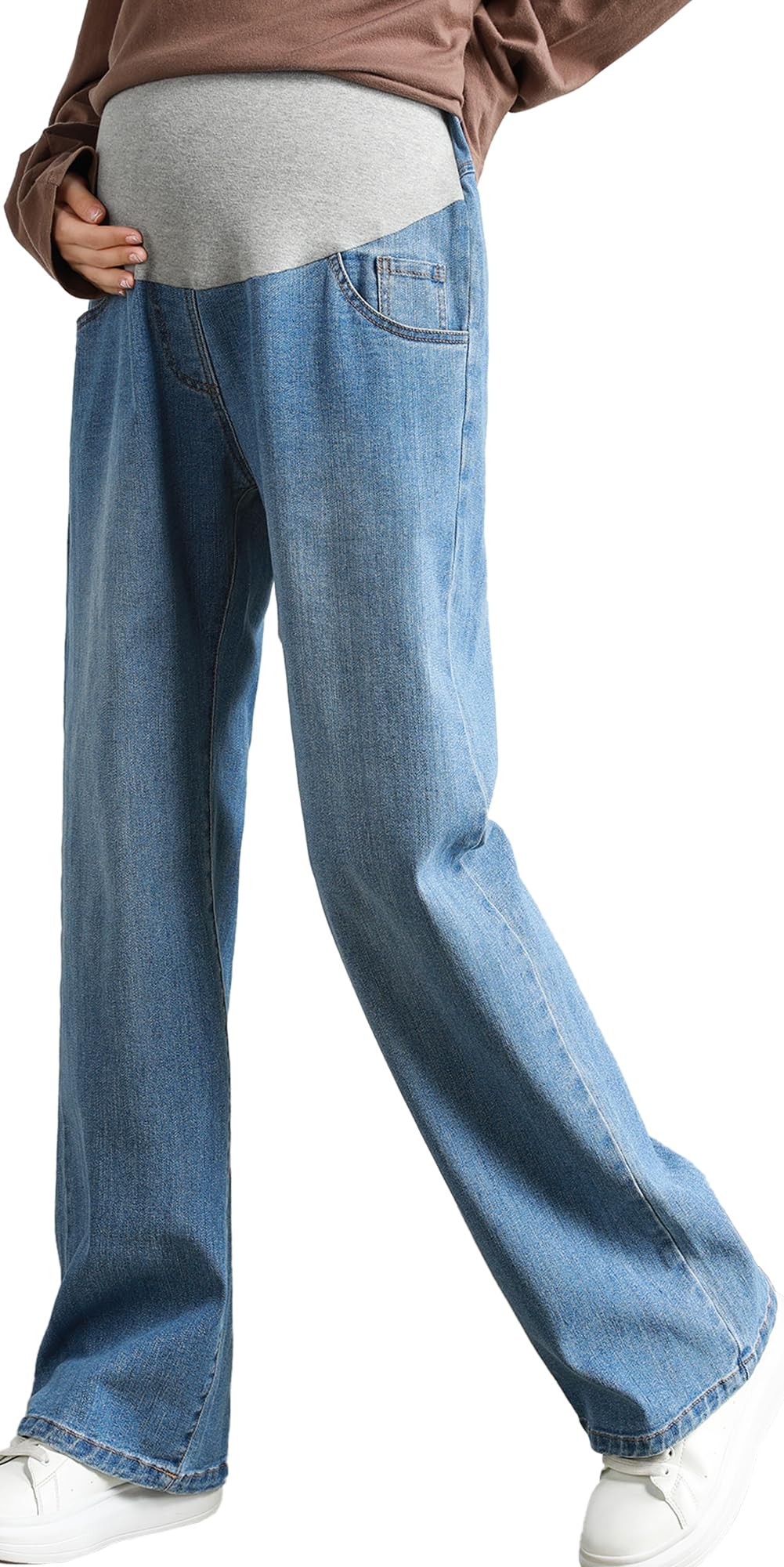FEOYA Umstandsjeans mit Bauchband Damen Schwanger Jeanshosen Wide Leg Schwangerschaftsjeans Stretch