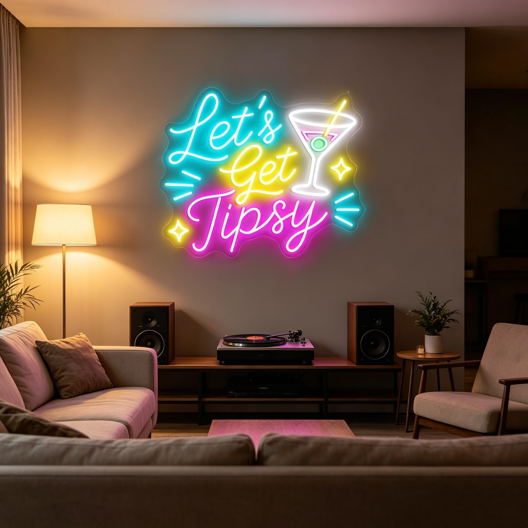 Let's Get Tipsy neonowy znak kolorowy koktajl LED neonowe światło | Dekoracja ścienna zasilana przez USB do domowego baru, pubu, męskiej jaskini, imprezy