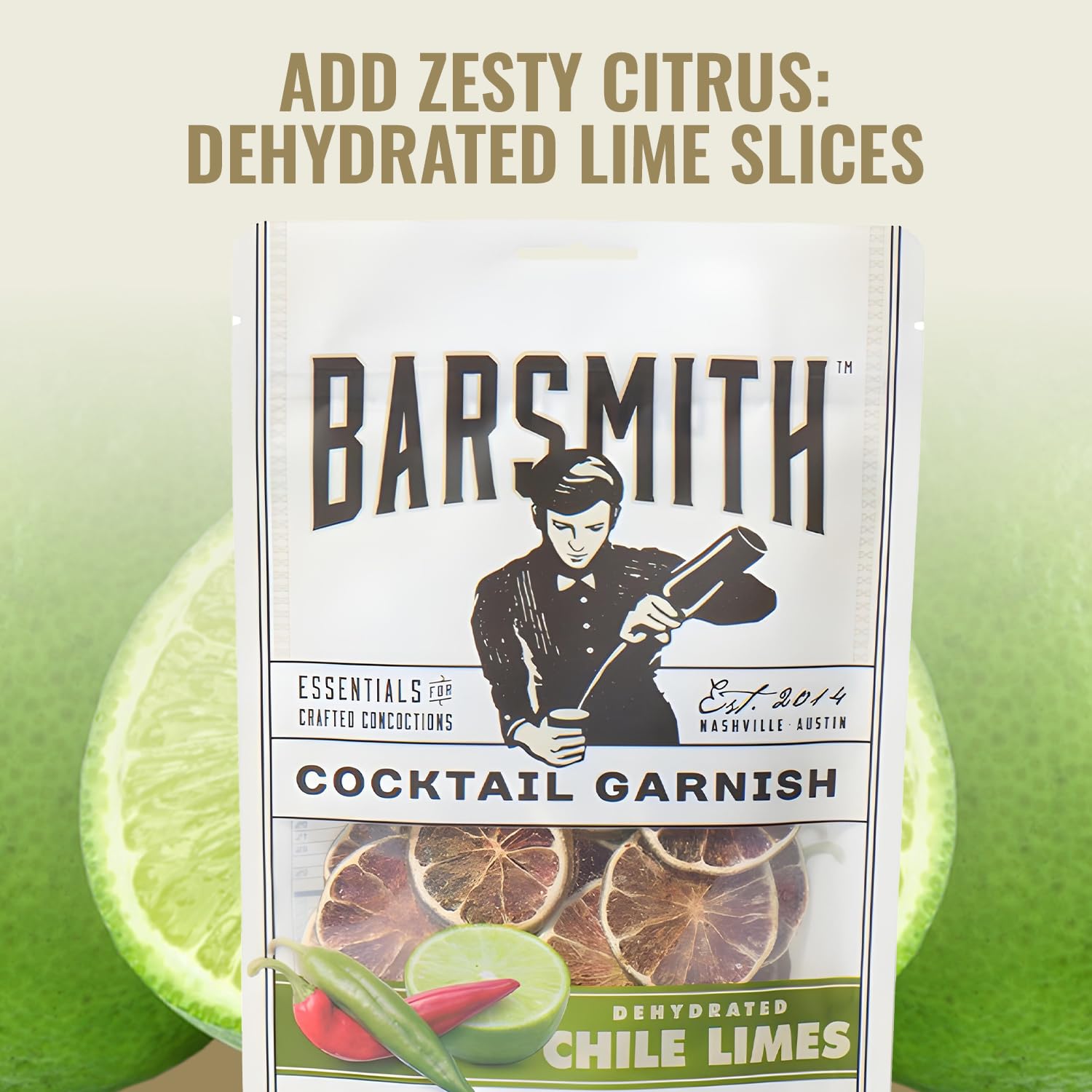Barsmith Dehydrated Chile Limes Slices - Made using 100% Real Chiles & Limes - Subtle Heat & Tangy Citrus Flavor - Perfect As Mocktail & Cocktail Grainsh - Ideal For Home & Bar Use - 1.3oz (Pack of 1)