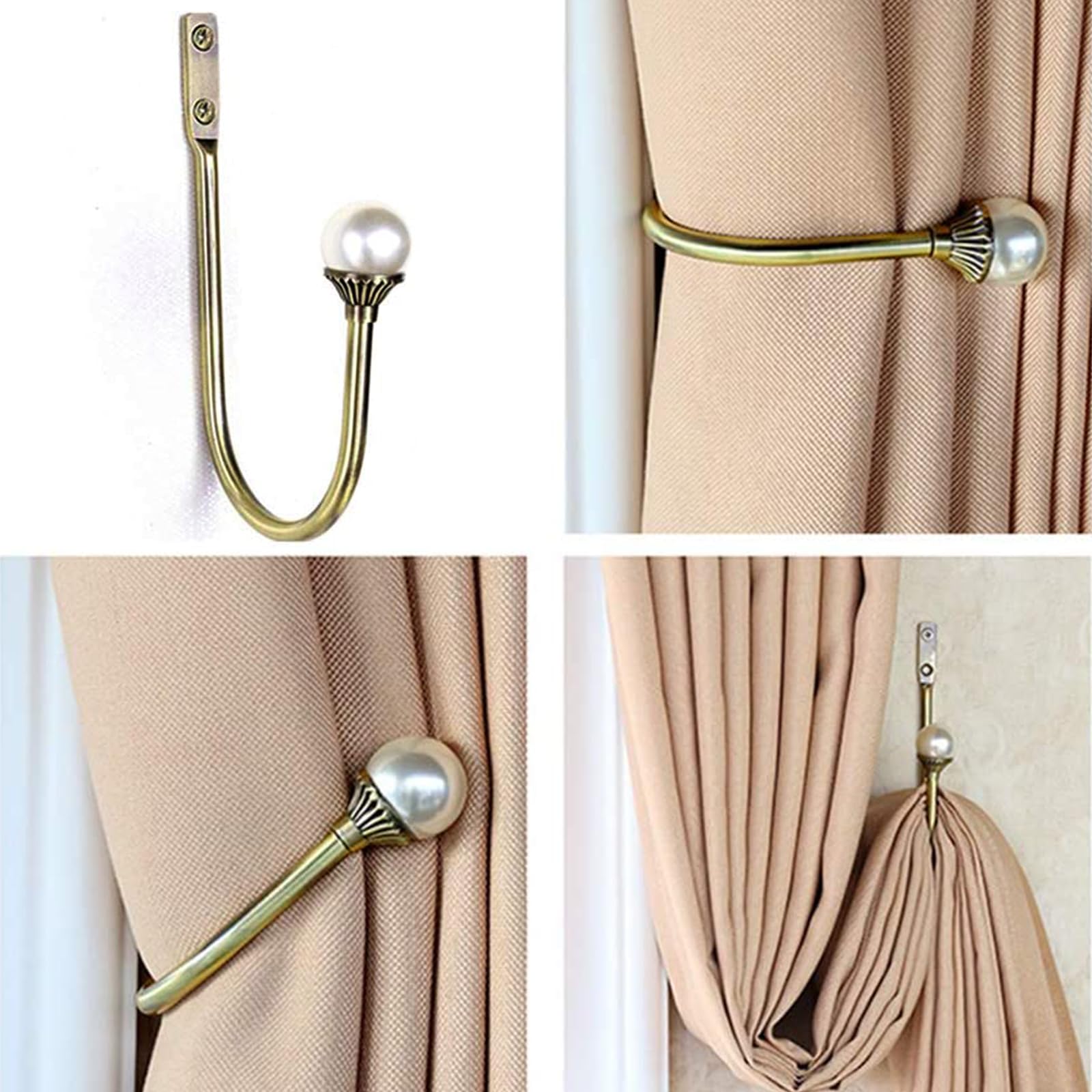 Coolnice Lot de 6 embrasses de rideaux murales en plastique avec perles en forme de U avec vis pour la maison et le bureau - Bronze antique