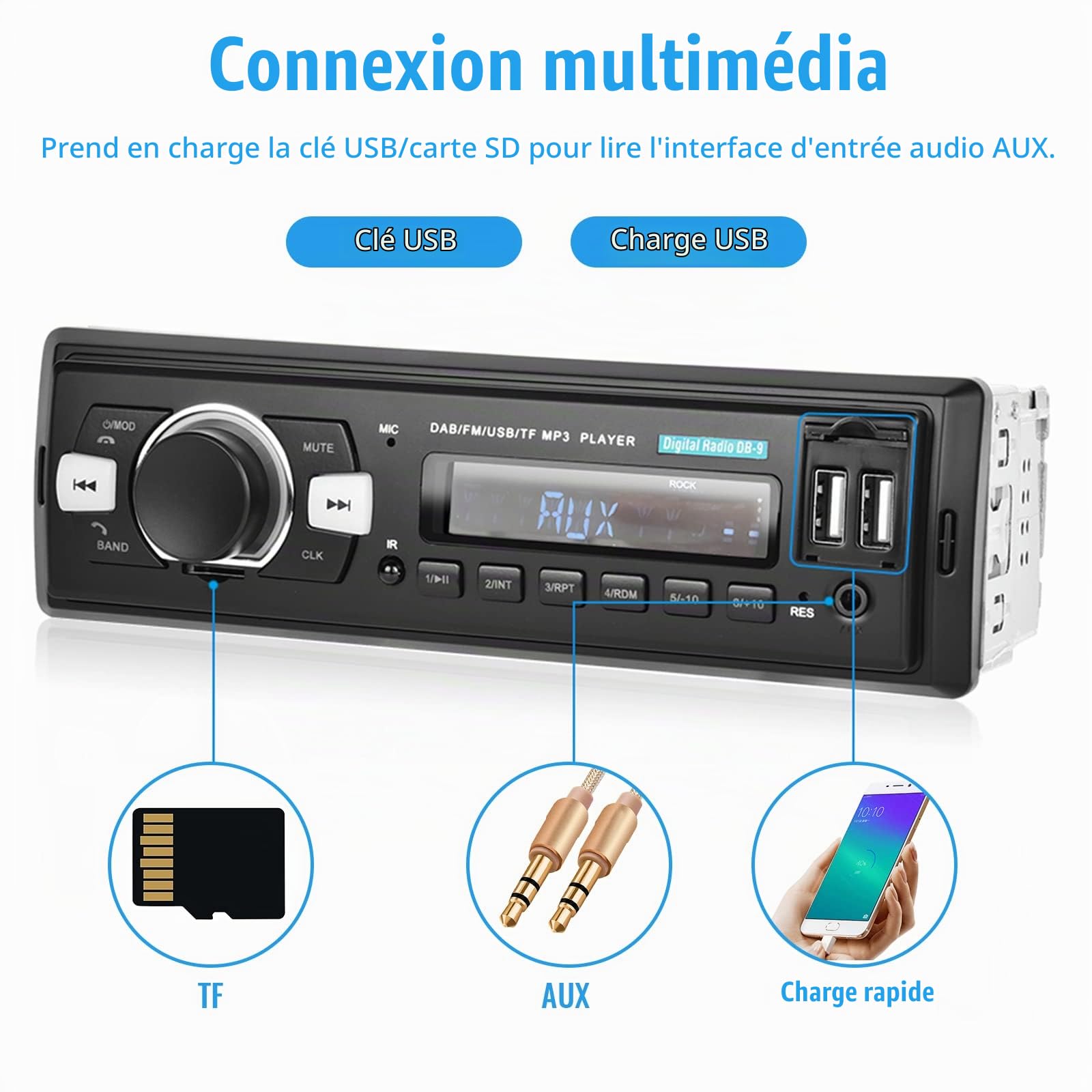 Hodozzy Dab+/Dab Autoradio 1 Din Musique Numérique Audio Stéréo Bluetooth Autoradio 12V Lecteur MP3 avec USB/TF/SD/AUX/EQ/FM Radio/SWC