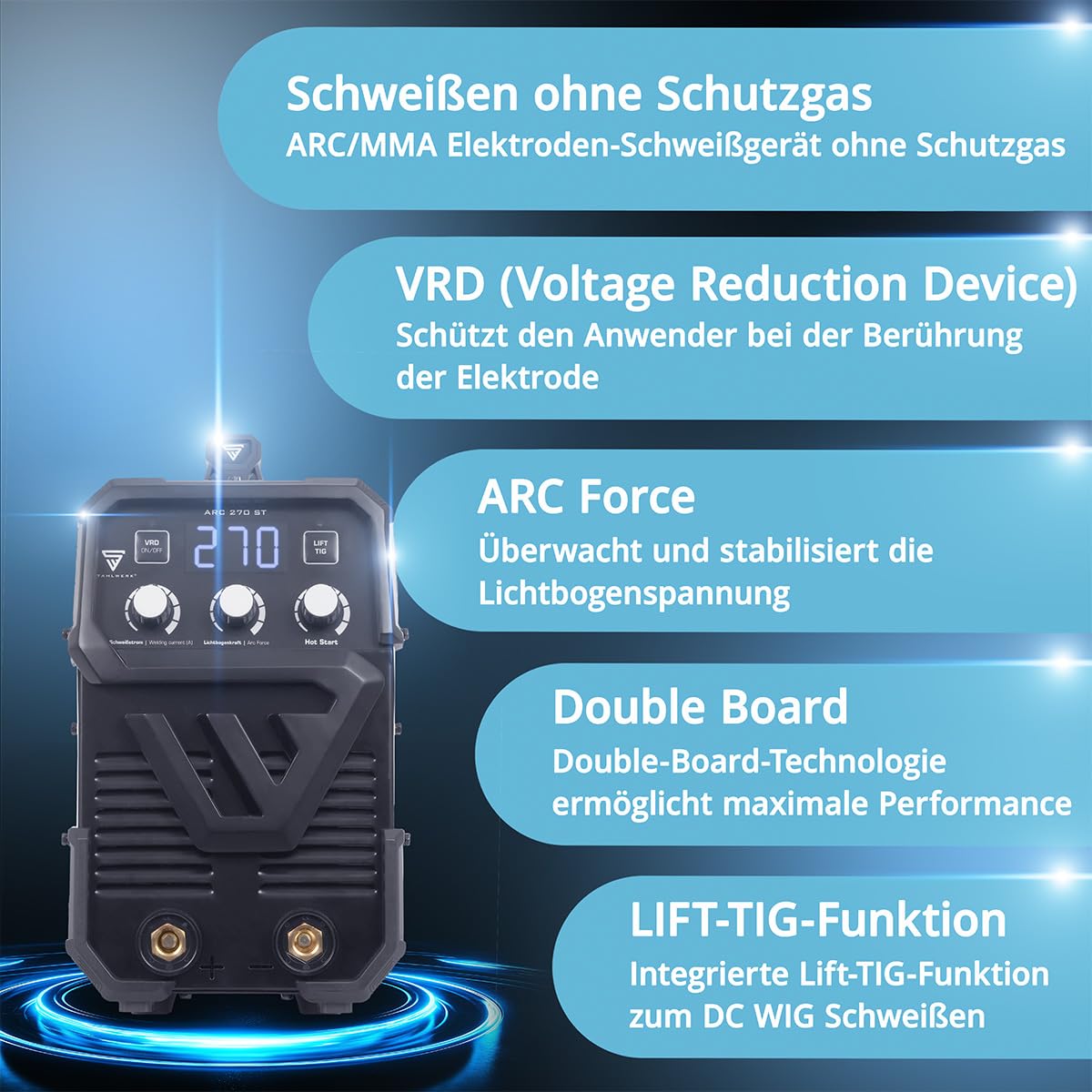 STAHLWERK Elektroden-Schweißgerät ARC-270 ST – Vollausstattung mit Gerätewagen – MMA (E-Hand) bis 270 A, Schweißen ohne Schutzgas, Lift-TIG Inverter 400 V, Smartkühlung & Temperatursteuerung