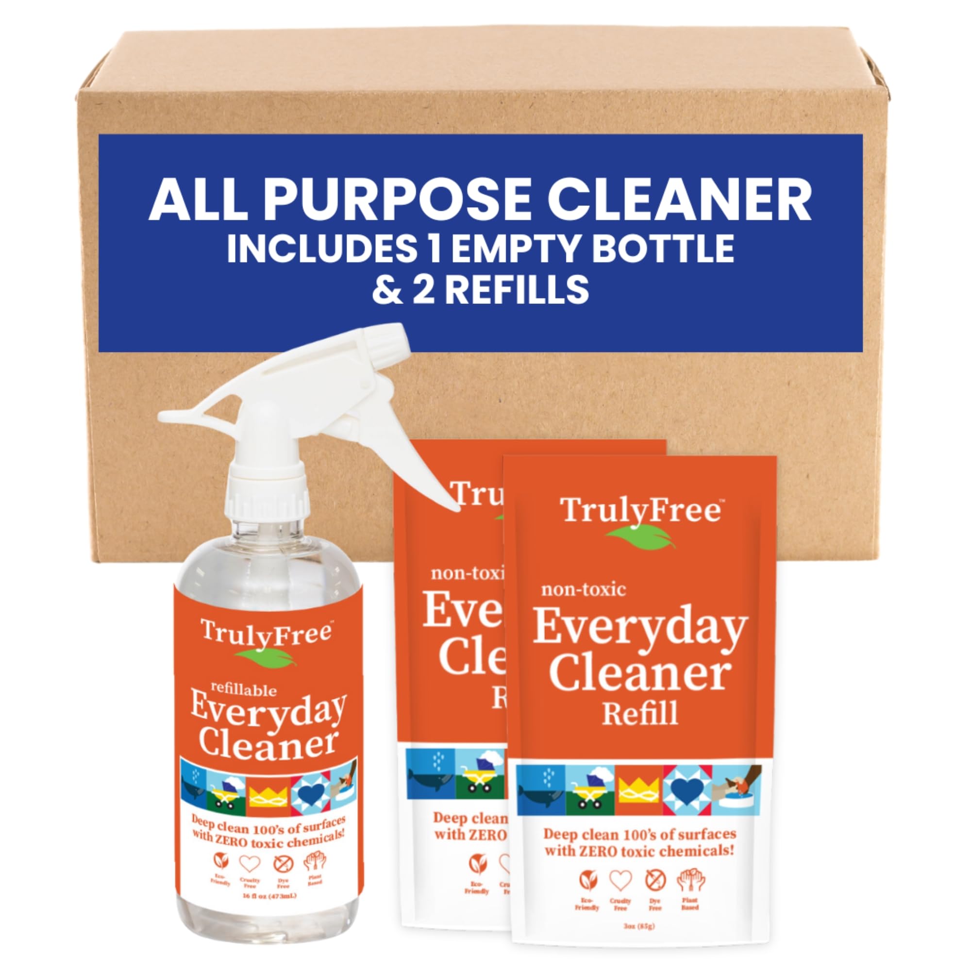 Truly Free Everyday Cleaner - Multipurpose Cleaner Spray, Kitchen Counter Cleaner, Natural Cleaning Products, Multi-Surface Household Solution, 1 Empty Bottle Spray (16oz) & 2 Refills (3oz each)